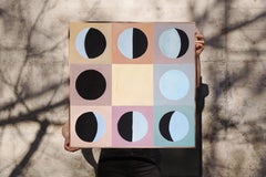 Moon Phase in Pastel Tones Checkers, Geometric Grid, Pink, Blue, Black Astronomy