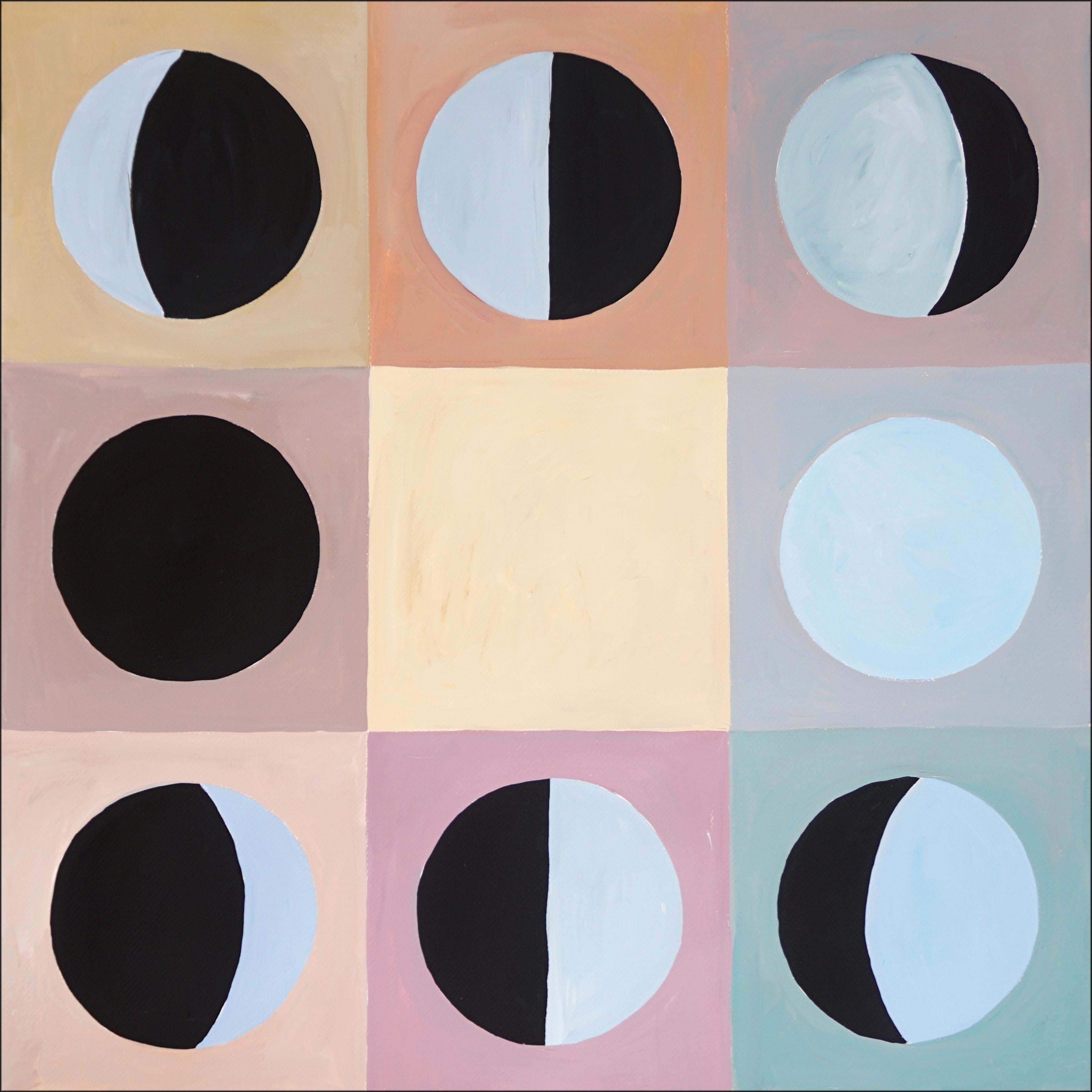 Natalia Roman Abstract Painting - Moon Phase in Pastel Tones Checkers, Geometric Grid, Pink, Blue, Black Astronomy