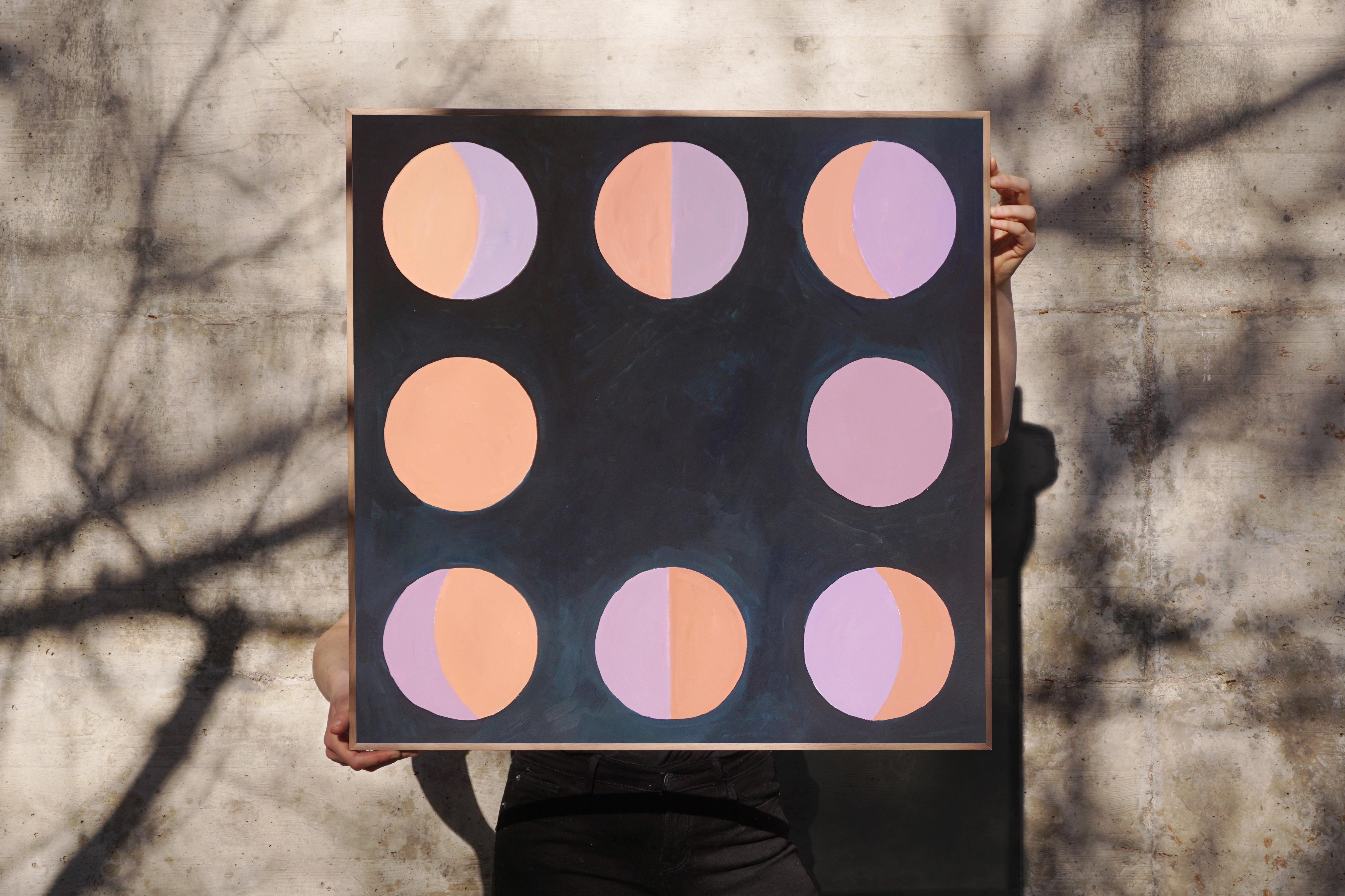 Moon Phase Scheme on Black, Mauve and Coral Circles, Primary Geometry Astronomy  - Painting by Natalia Roman