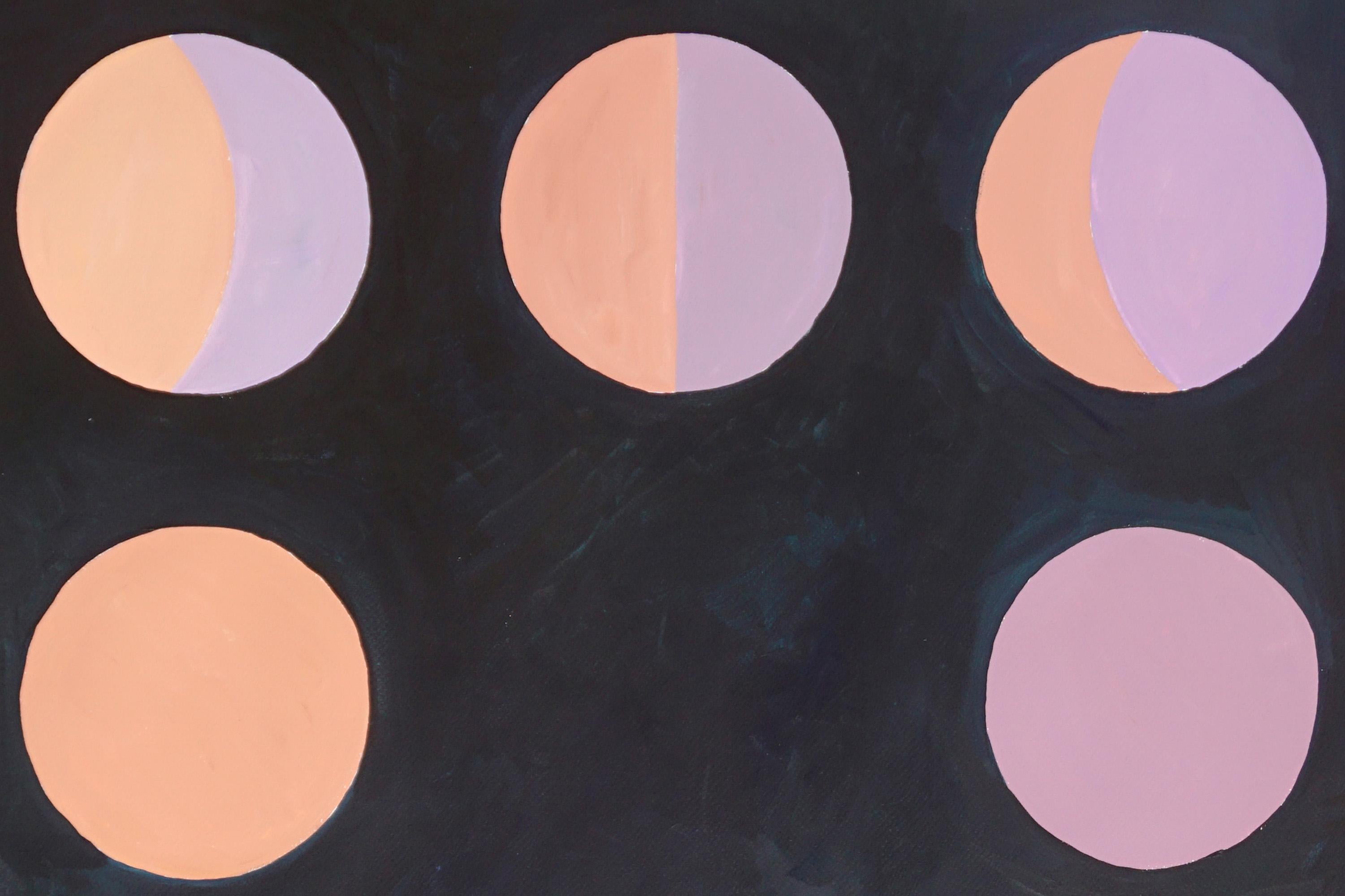 Moon Phase Scheme on Black, Mauve and Coral Circles, Primary Geometry Astronomy  - Bauhaus Painting by Natalia Roman