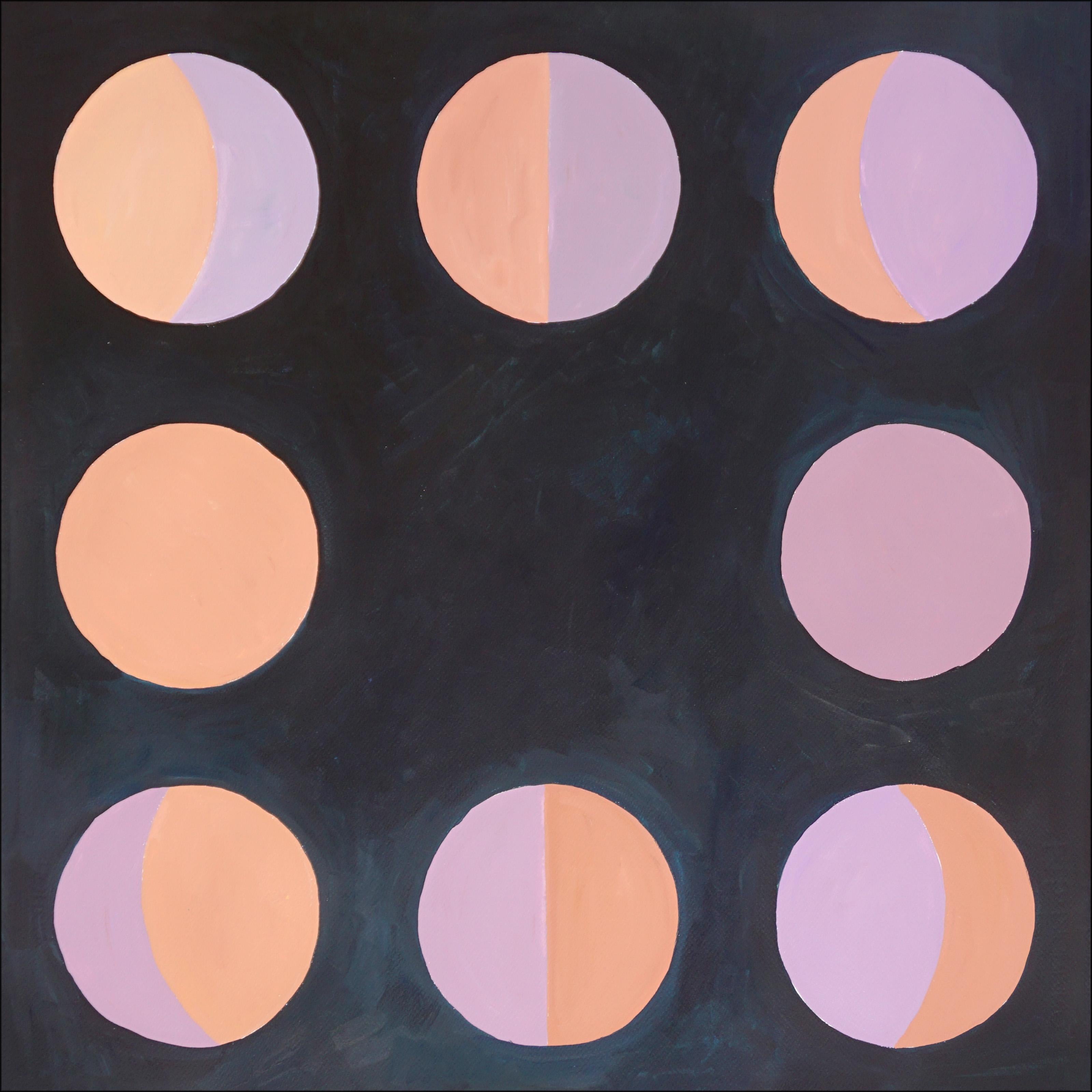 Natalia Roman Abstract Painting - Moon Phase Scheme on Black, Mauve and Coral Circles, Primary Geometry Astronomy 