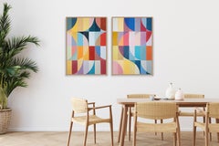 Mondschein-Spiegel, bunte Bauhaus-Muster, großes geometrisches Diptychon auf Papier