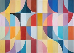 Mondschein-Spiegel, bunte Bauhaus-Muster, großes geometrisches Diptychon auf Papier