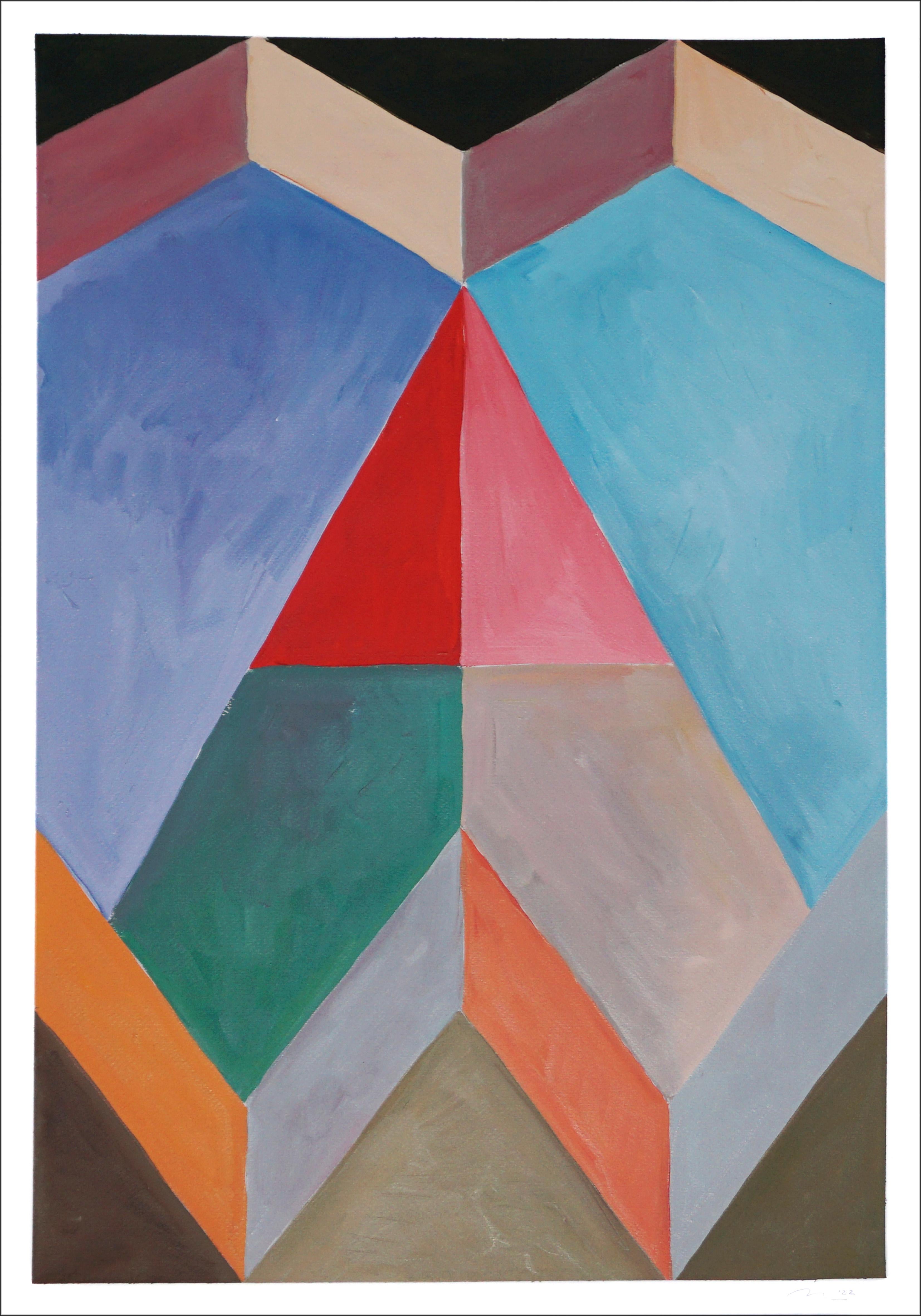 Mountaintop Pinnacle in Granate, Duo of Abstract Geometric Alpine Landscape Dune - Cubist Painting by Natalia Roman