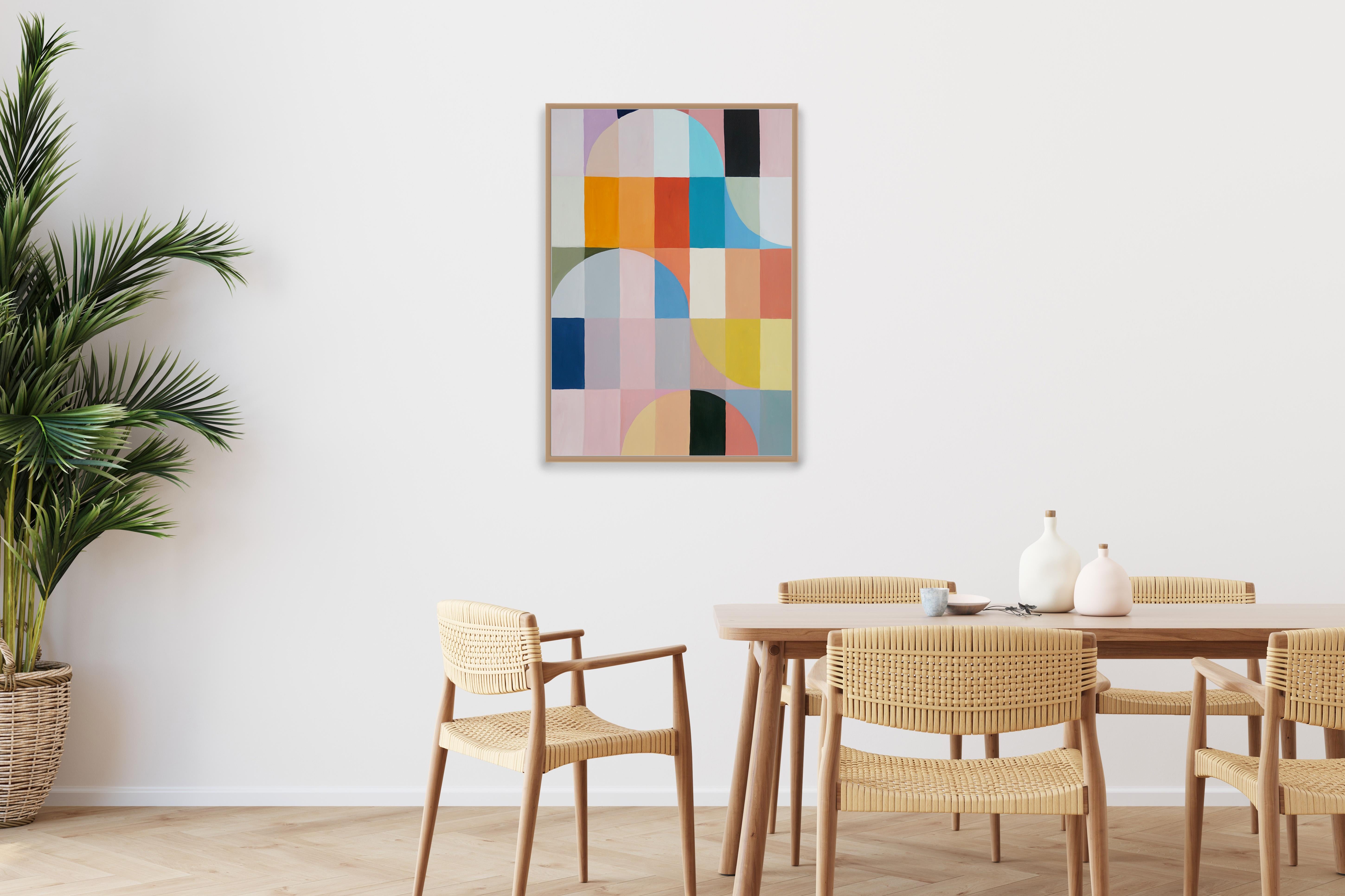 Nazare Sunset, Abstract Geometric Waves Pattern Yellow, Turquoise Pastel Bricks - Painting by Natalia Roman