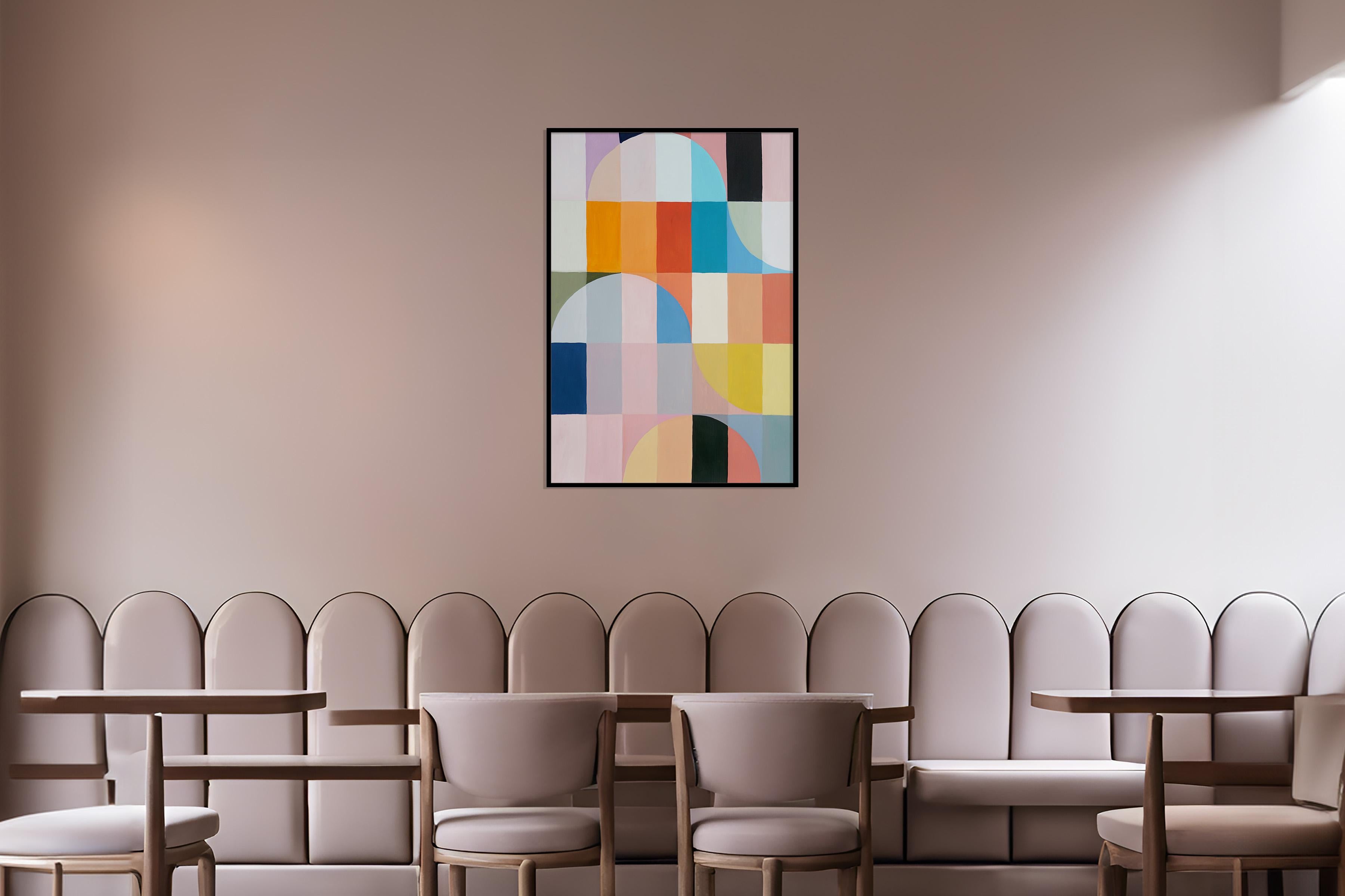 Nazare Sunset, Abstract Geometric Waves Pattern Yellow, Turquoise Pastel Bricks - Cubist Painting by Natalia Roman