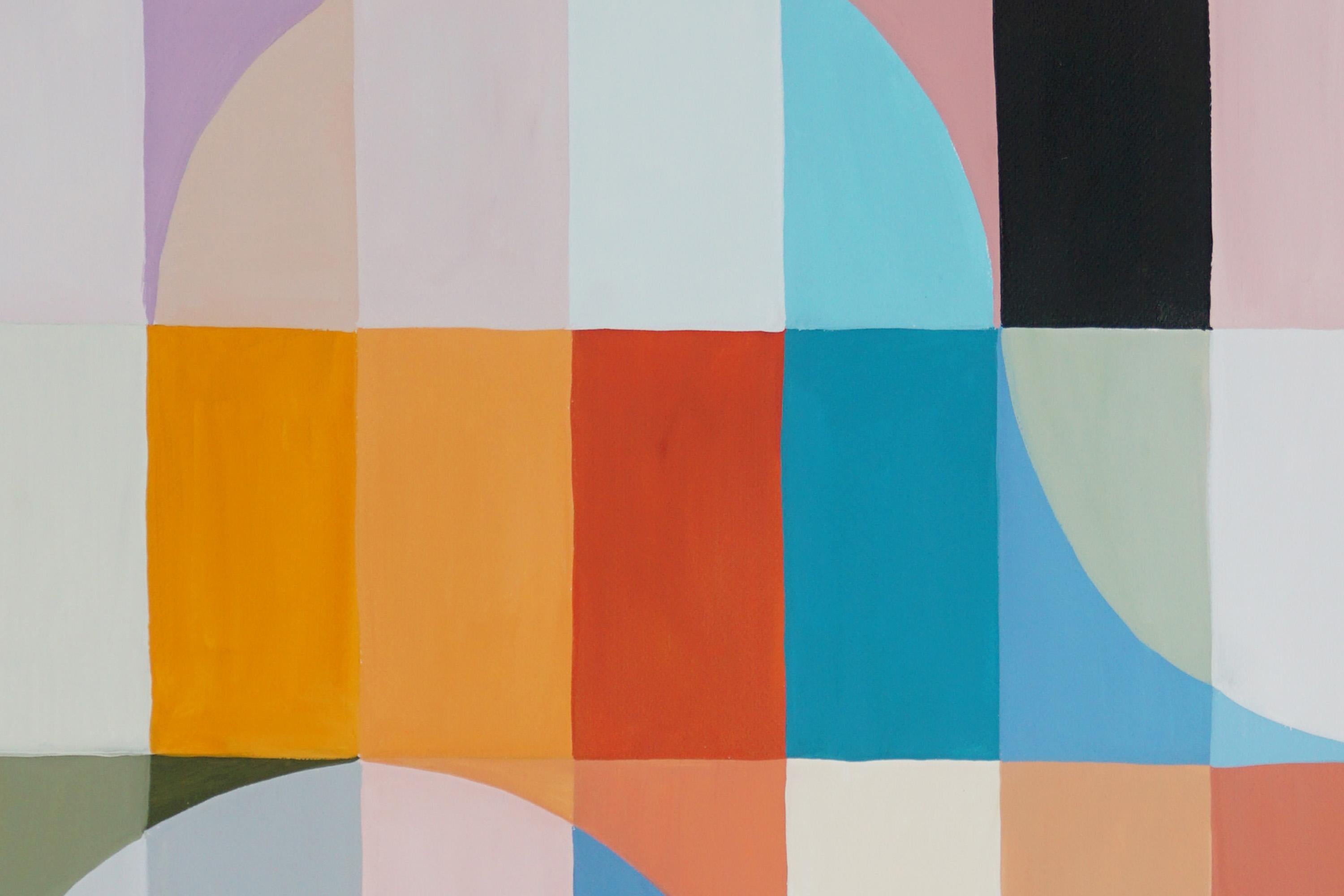 Nazare Sunset, Abstract Geometric Waves Pattern Yellow, Turquoise Pastel Bricks - Beige Abstract Painting by Natalia Roman