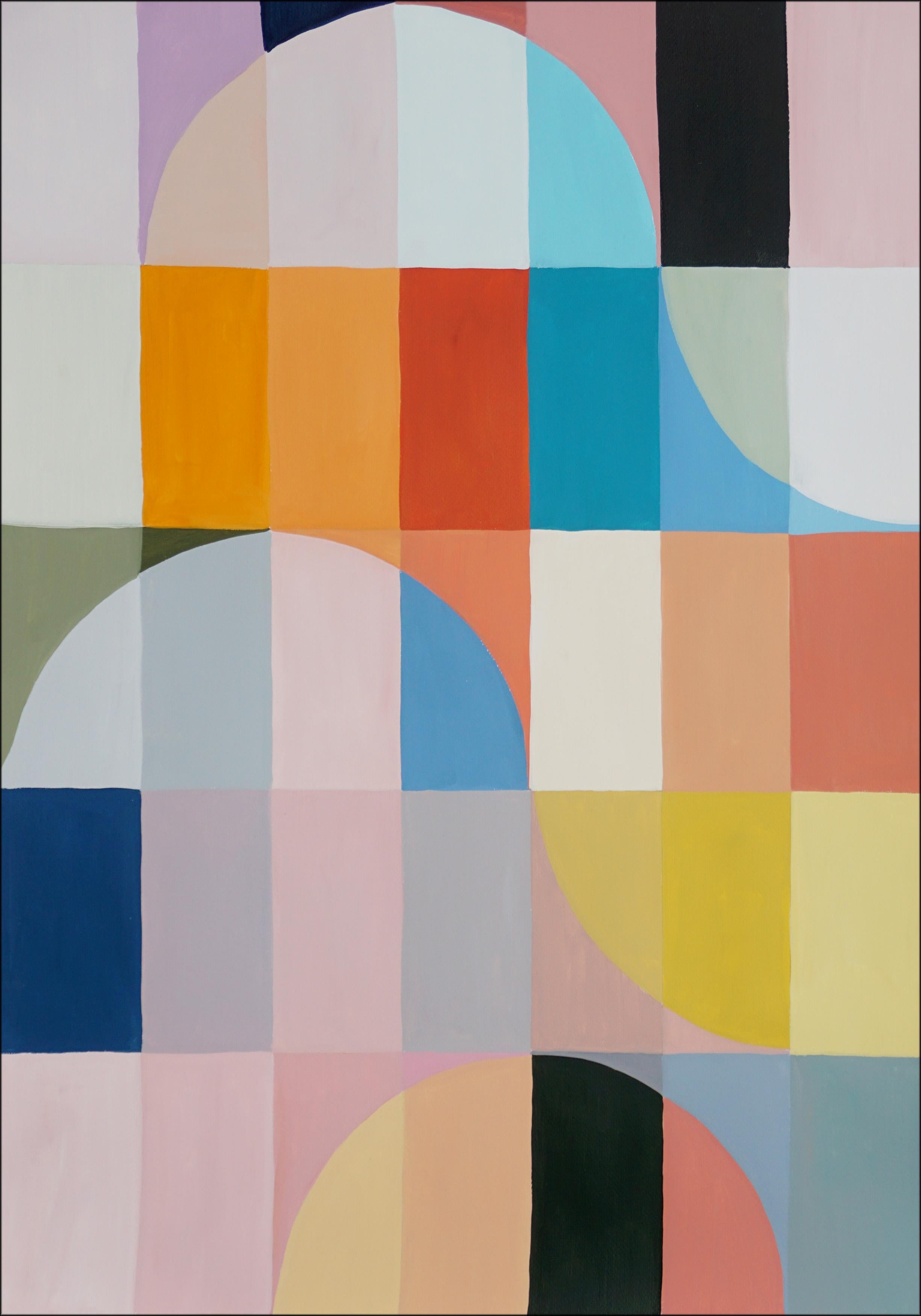 Natalia Roman Abstract Painting - Nazare Sunset, Abstract Geometric Waves Pattern Yellow, Turquoise Pastel Bricks