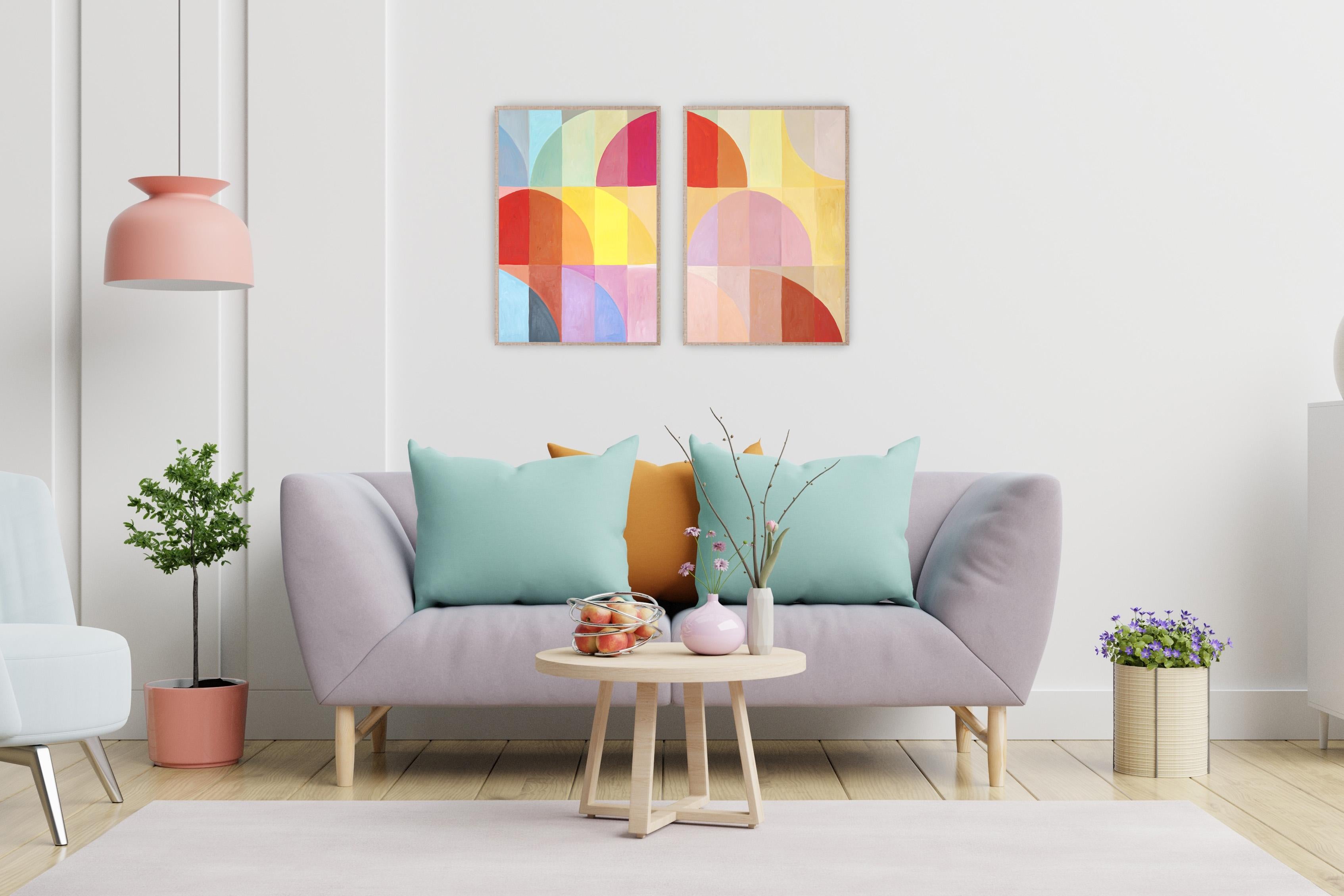 Neon Hue Transitions, Bauhaus Architecture Pattern in Light Tones, Pink, Orange - Beige Abstract Painting by Natalia Roman