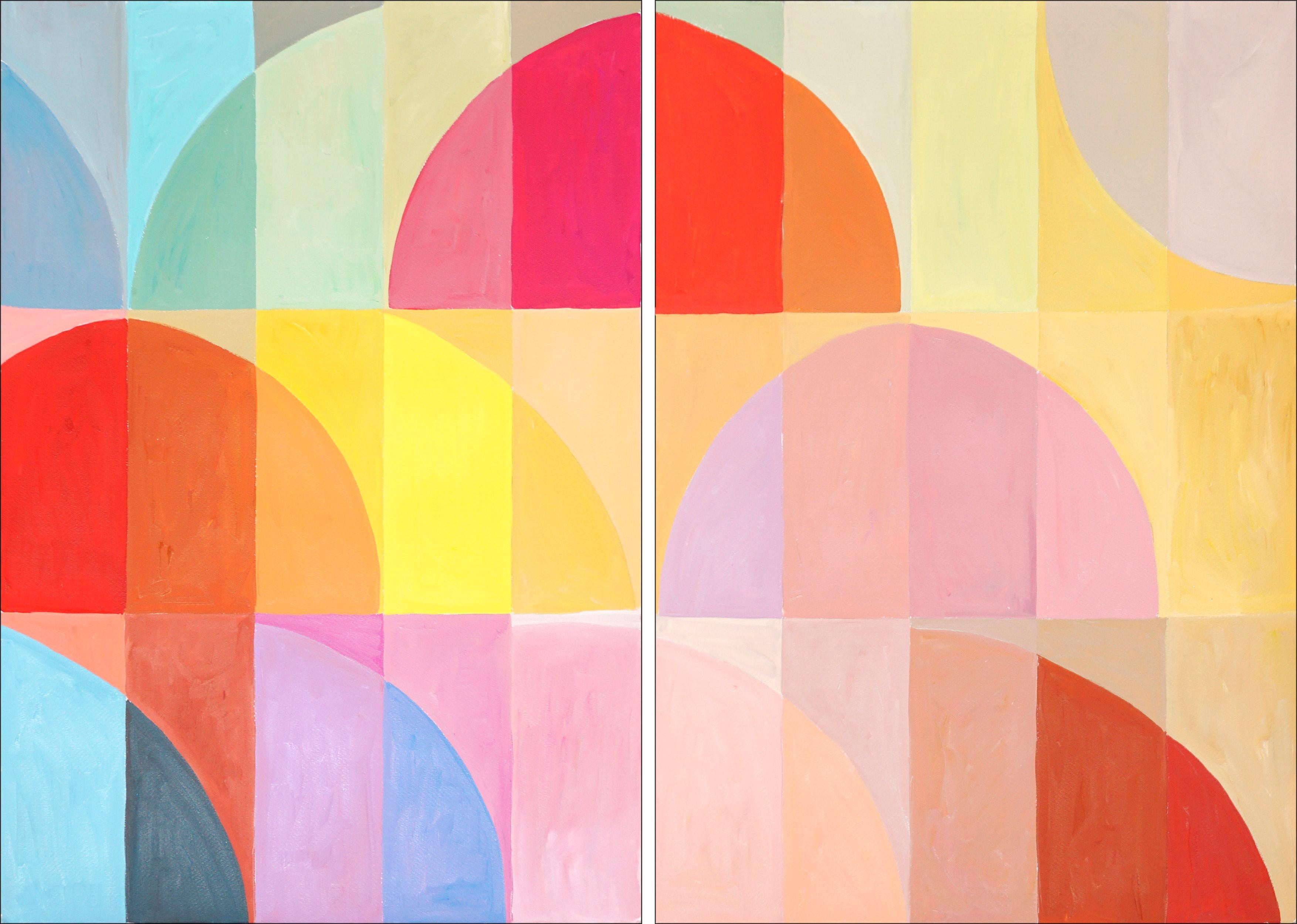 Natalia Roman Abstract Painting - Neon Hue Transitions, Bauhaus Architecture Pattern in Light Tones, Pink, Orange