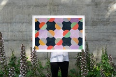 New Chess Tiles, Purple and Coral Squares on Black, Primary Geometry, Abstract