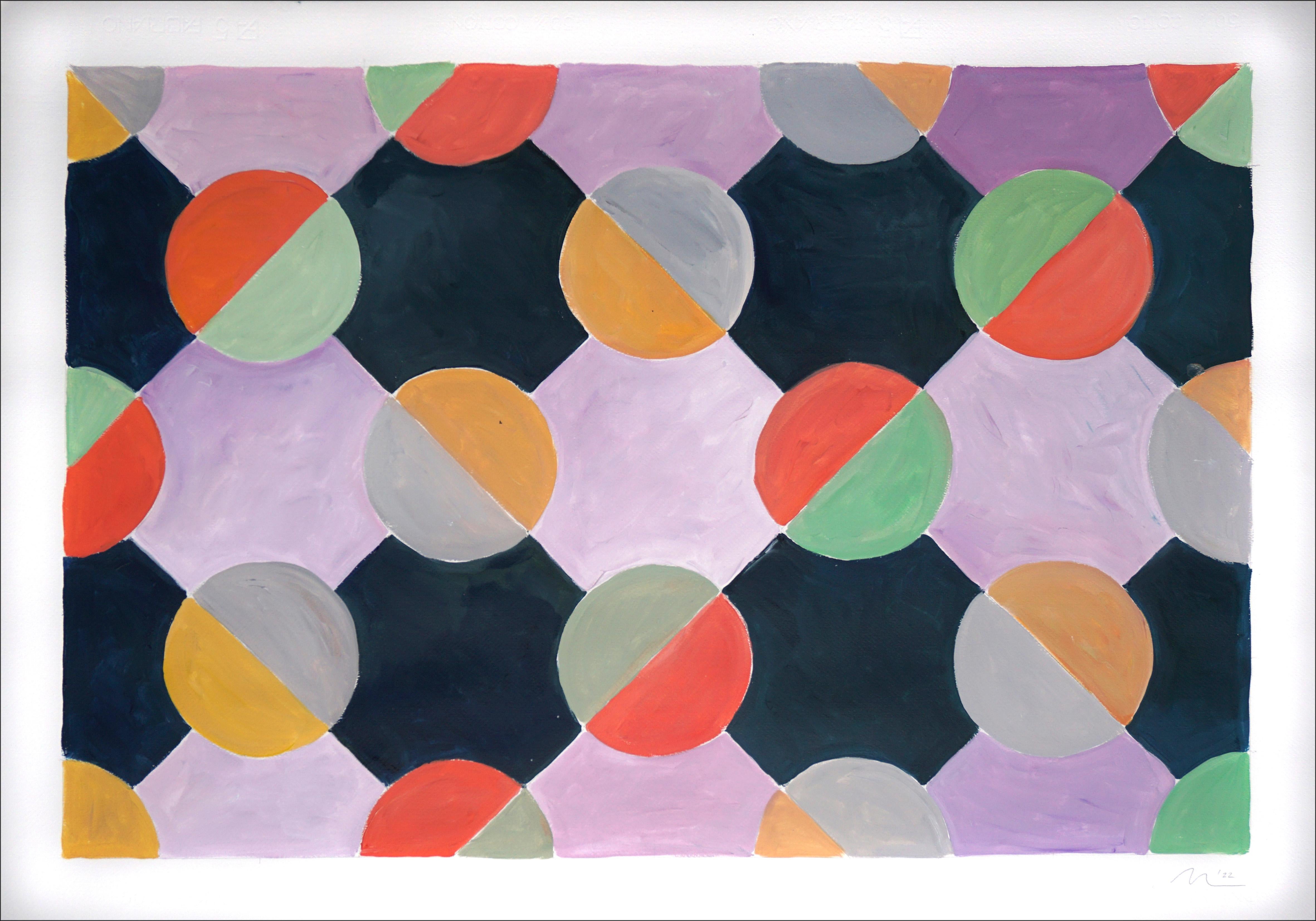 New Chess Tiles, Purple and Coral Squares on Black, Primary Geometry, Abstract 