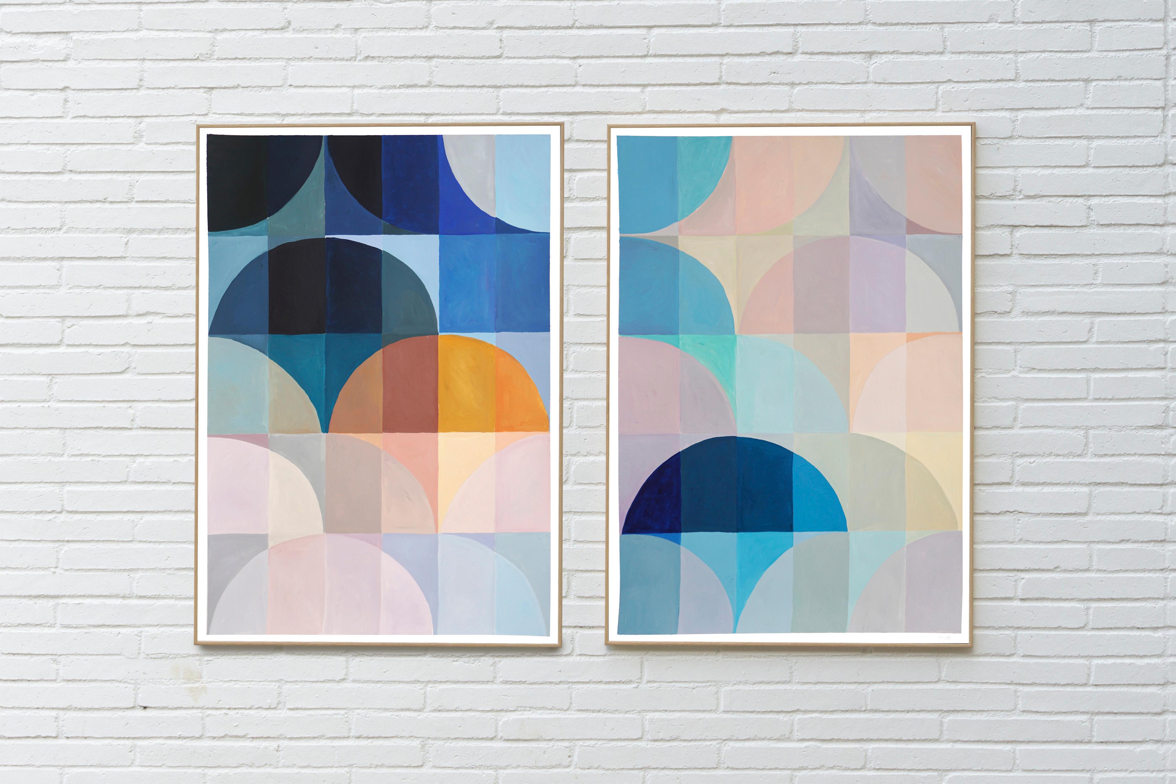 Nightfall over the Sea, Marine Tones, Ultramarine Blue and Yellow Bauhaus Grid - Painting by Natalia Roman