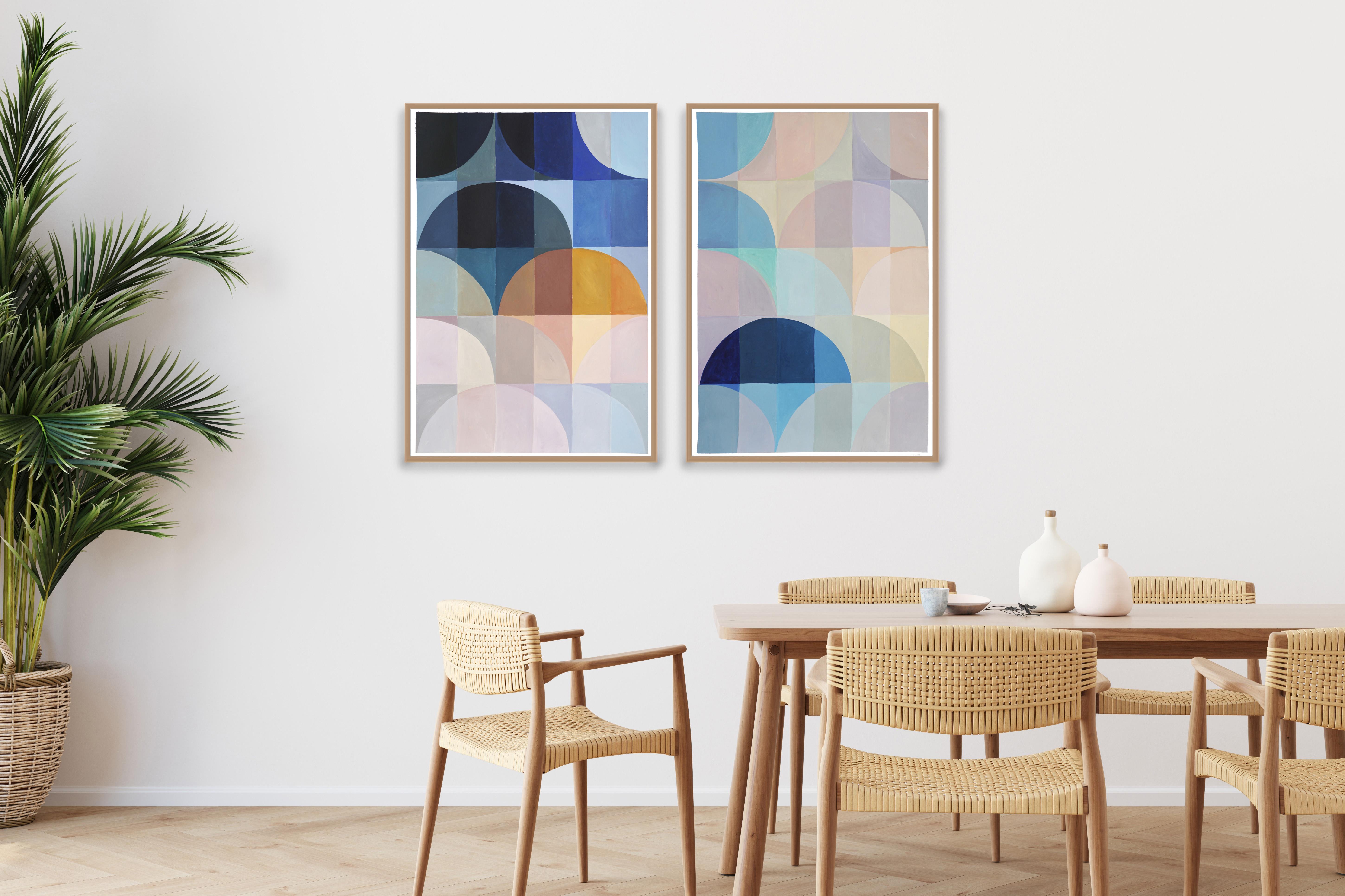 Nightfall over the Sea, Marine Tones, Ultramarine Blue and Yellow Bauhaus Grid - Abstract Geometric Painting by Natalia Roman