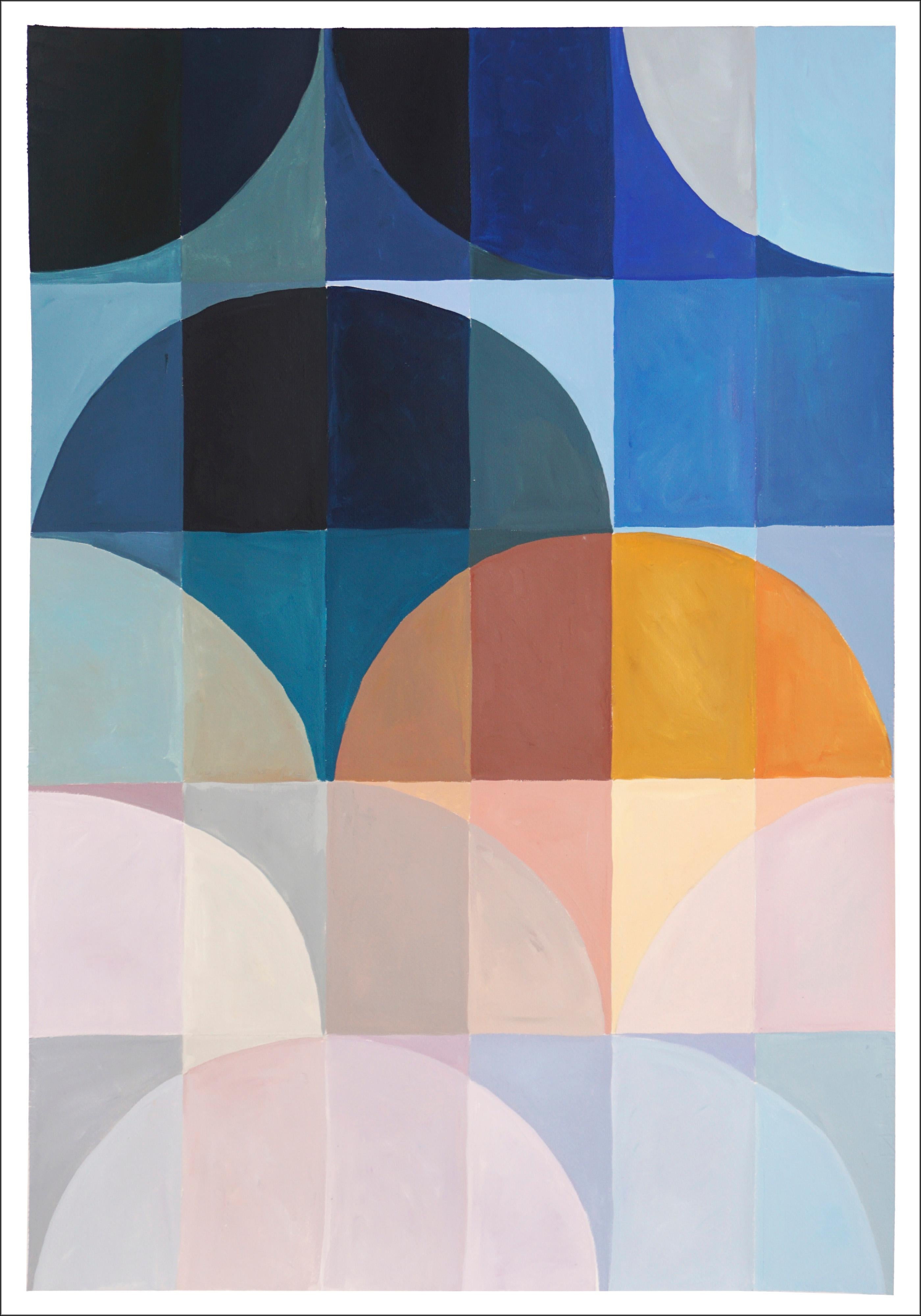 This abstract geometric acrylic painting is a vibrant and playful composition that draws inspiration from vintage Italian parasols. With a focus on bold, bright colors and clean lines, the painting features intersecting shapes and patterns that