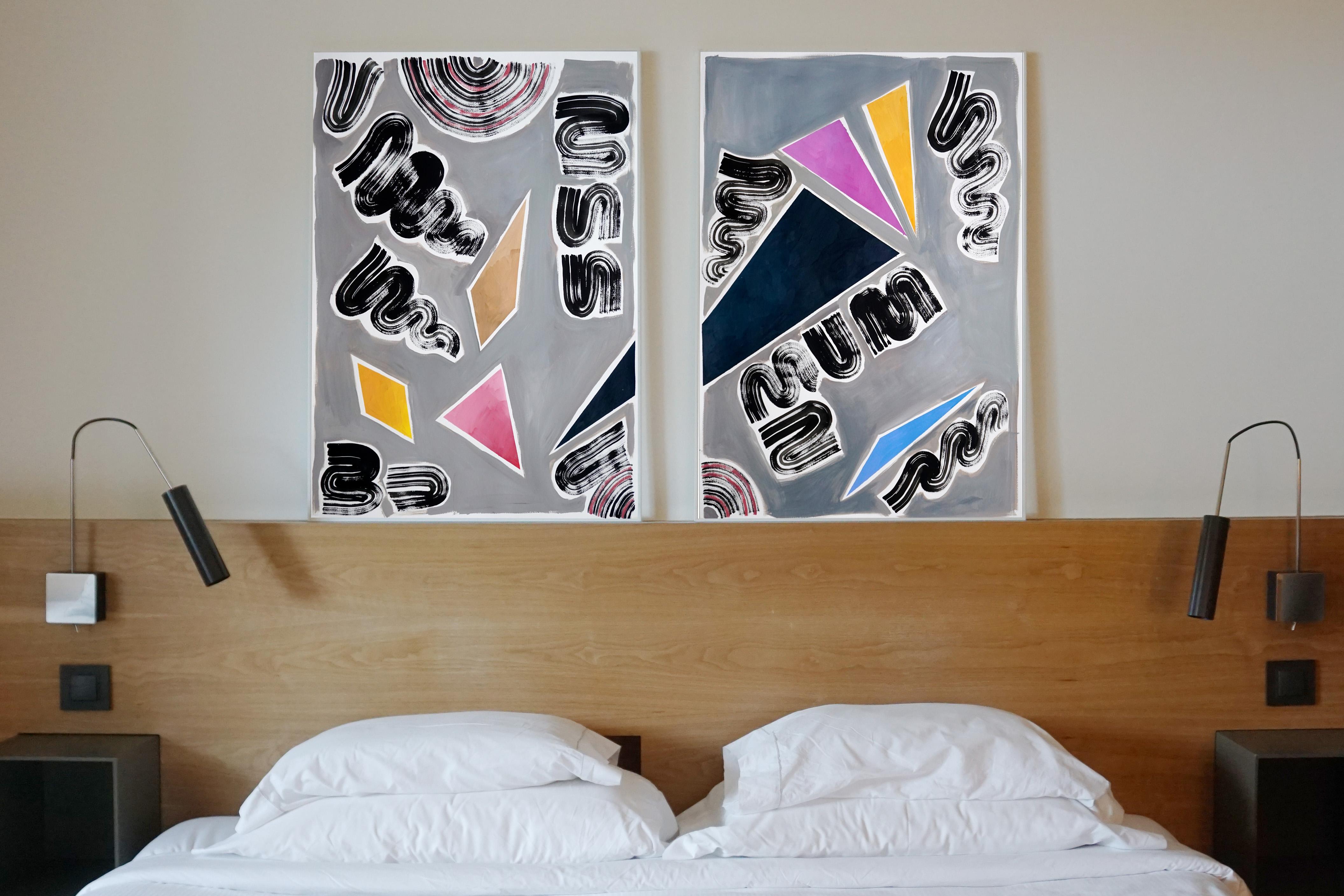 Quadro retrò futuristico di triangoli e vortici anni Novanta, nero,  Rosa - Painting di Natalia Roman