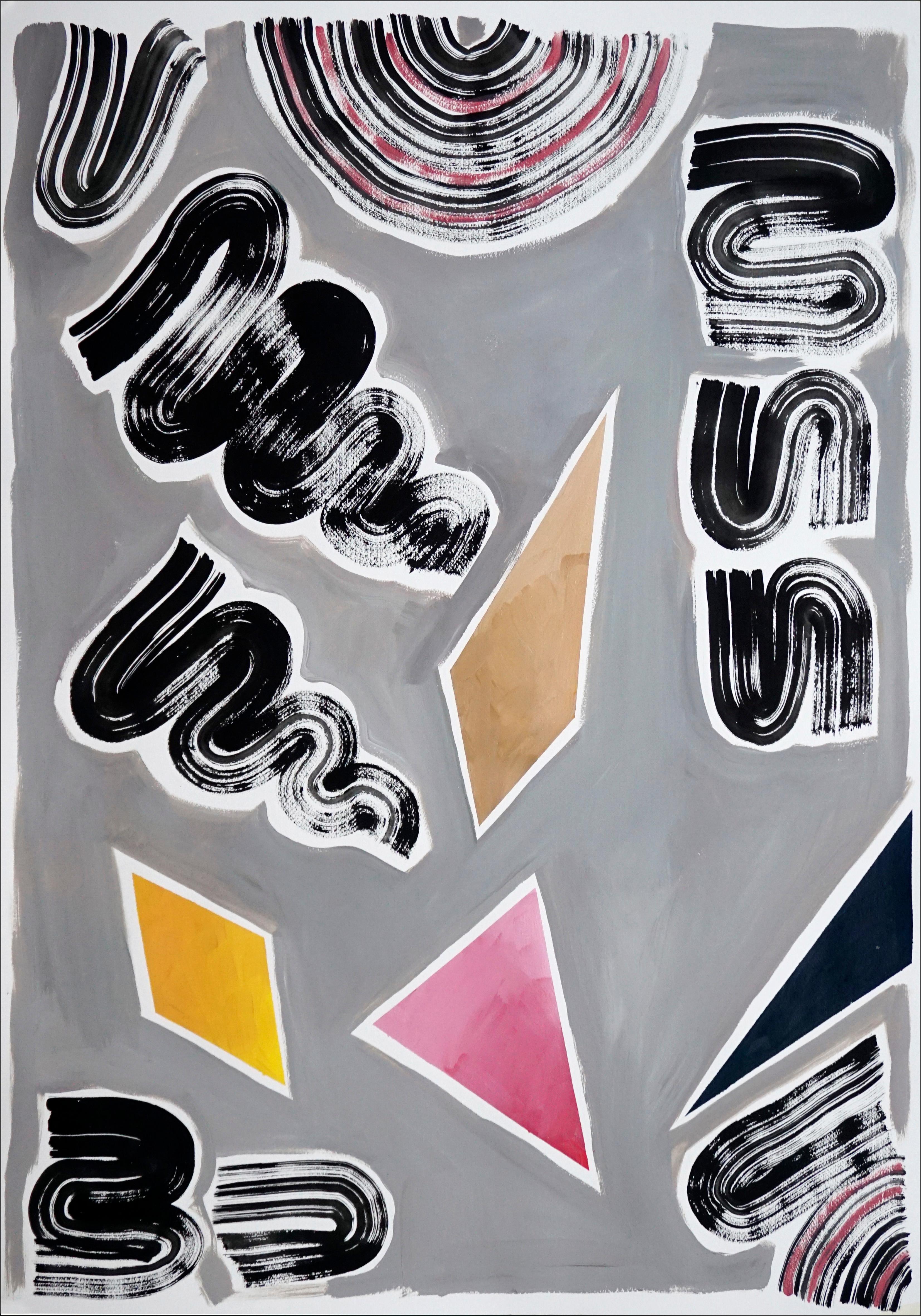Triangles et tourbillons des années 90 Diptyque, peinture rétro futuriste, palette lisse - Géométrique abstrait Painting par Natalia Roman