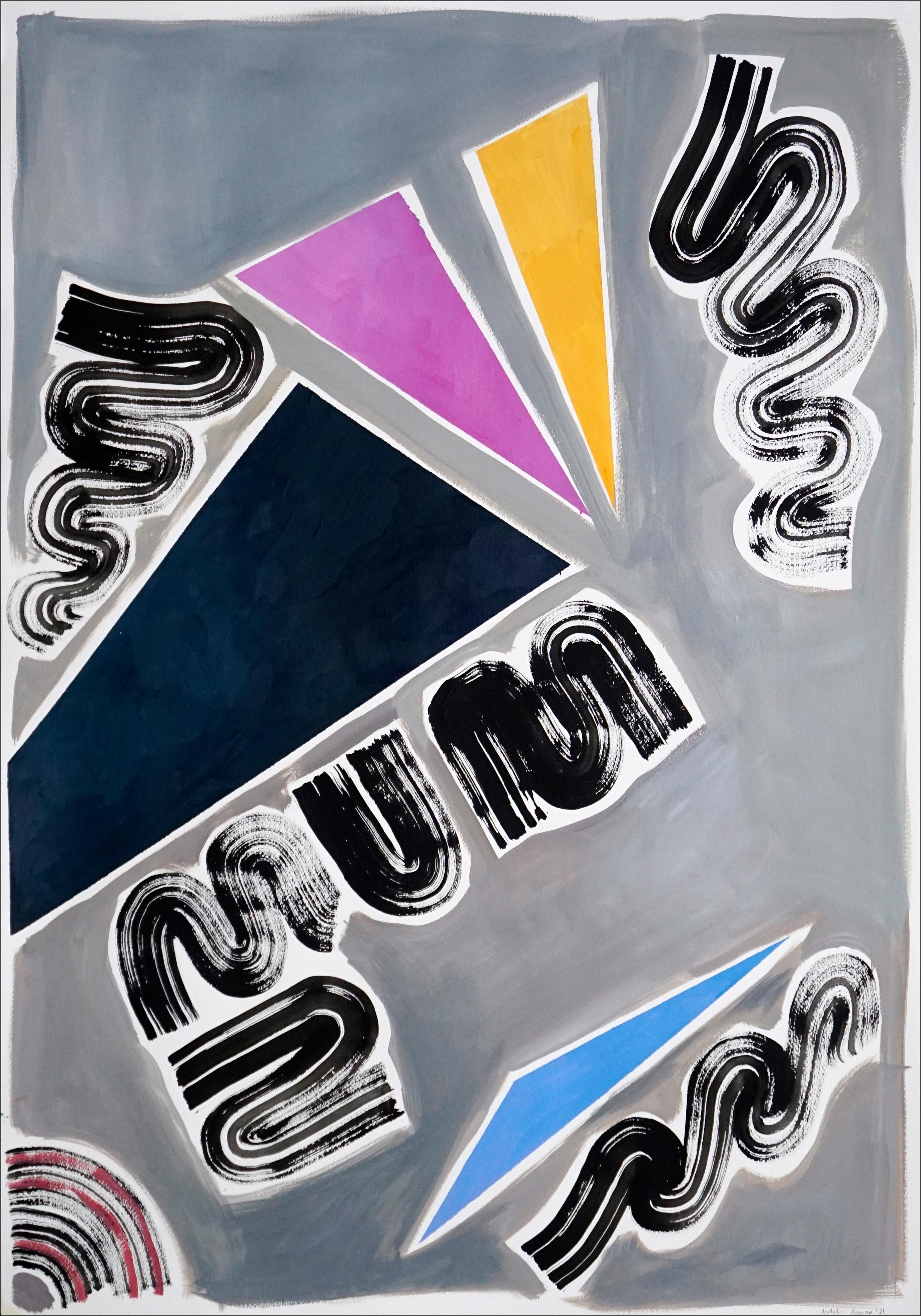 Neunziger Jahre Dreiecke und Wirbel Diptychon, Retro Futuristische Malerei, Glatte Palette (Grau), Abstract Painting, von Natalia Roman