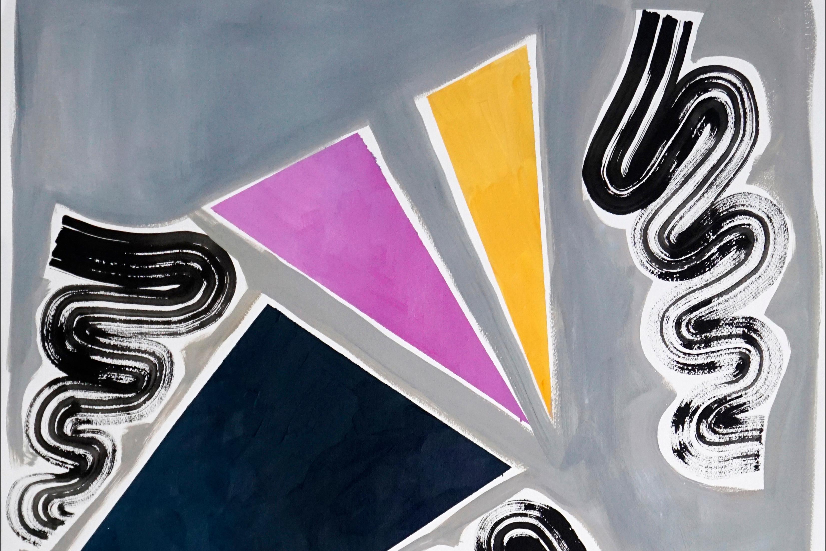 Quadro retrò futuristico di triangoli e vortici anni Novanta, nero,  Rosa in vendita 2