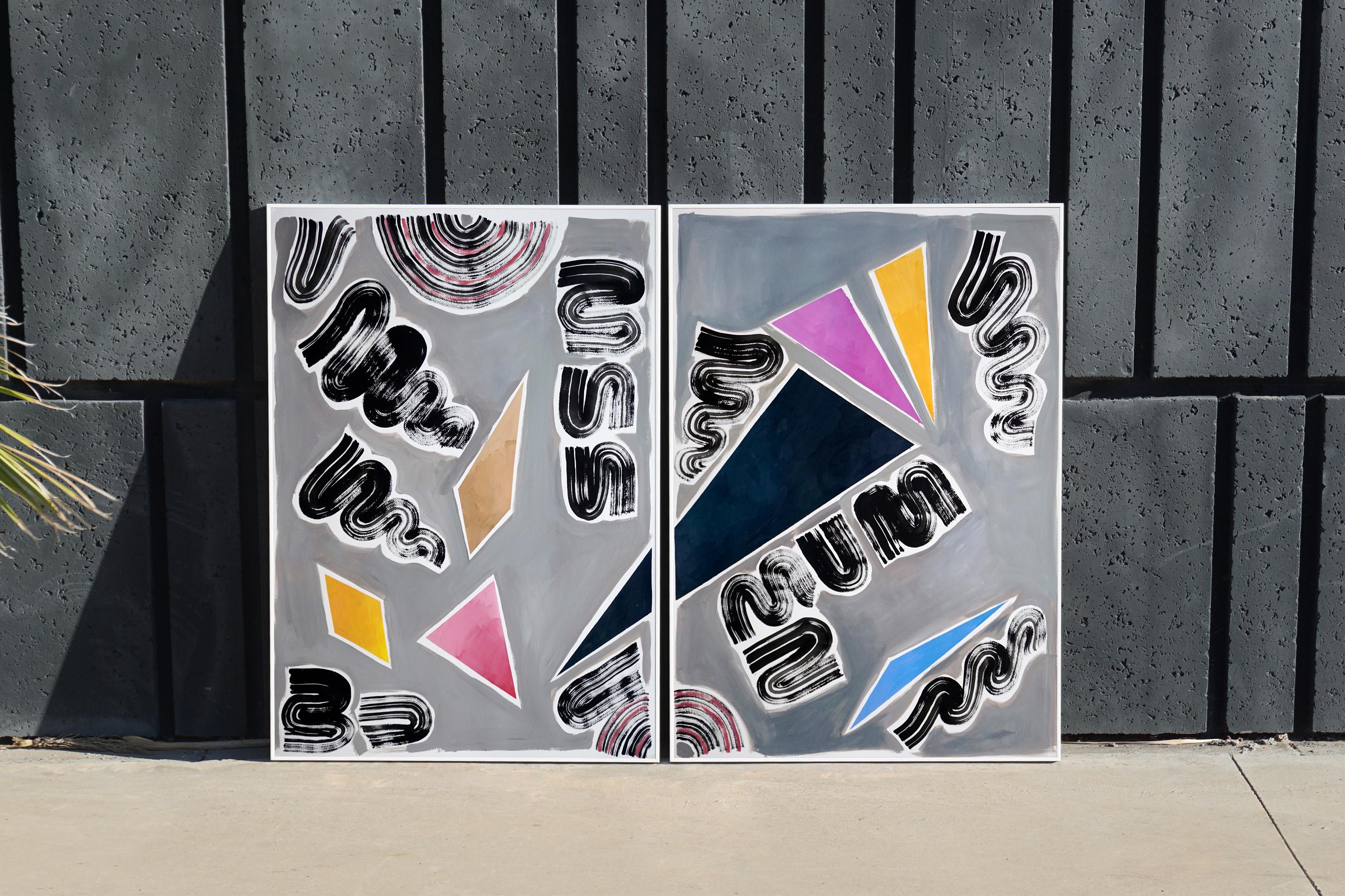 Nineties Triangles and Swirls Diptych, Retro Futuristic Painting, Smooth Palette For Sale 3