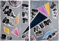 Nineties Triangles and Swirls Diptych, Used Futuristic Painting, Smooth Palette