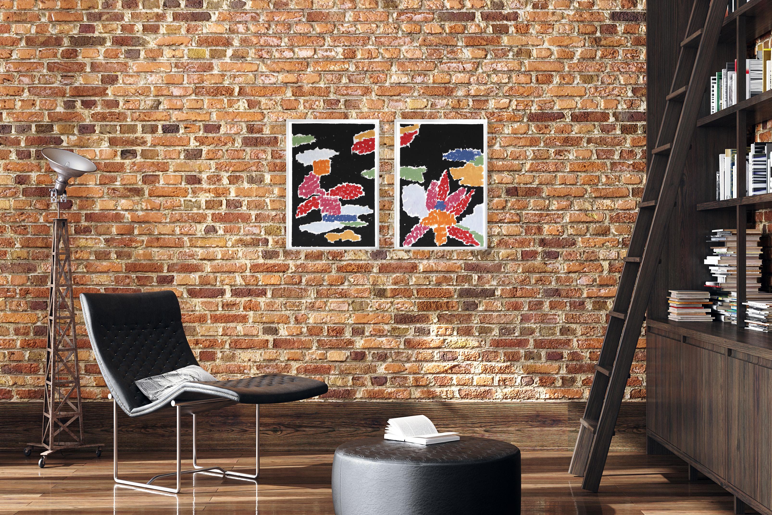 Nocturnal Forest Lights, Abstract Painting Diptych, Red, Yellow Flower on Black  8