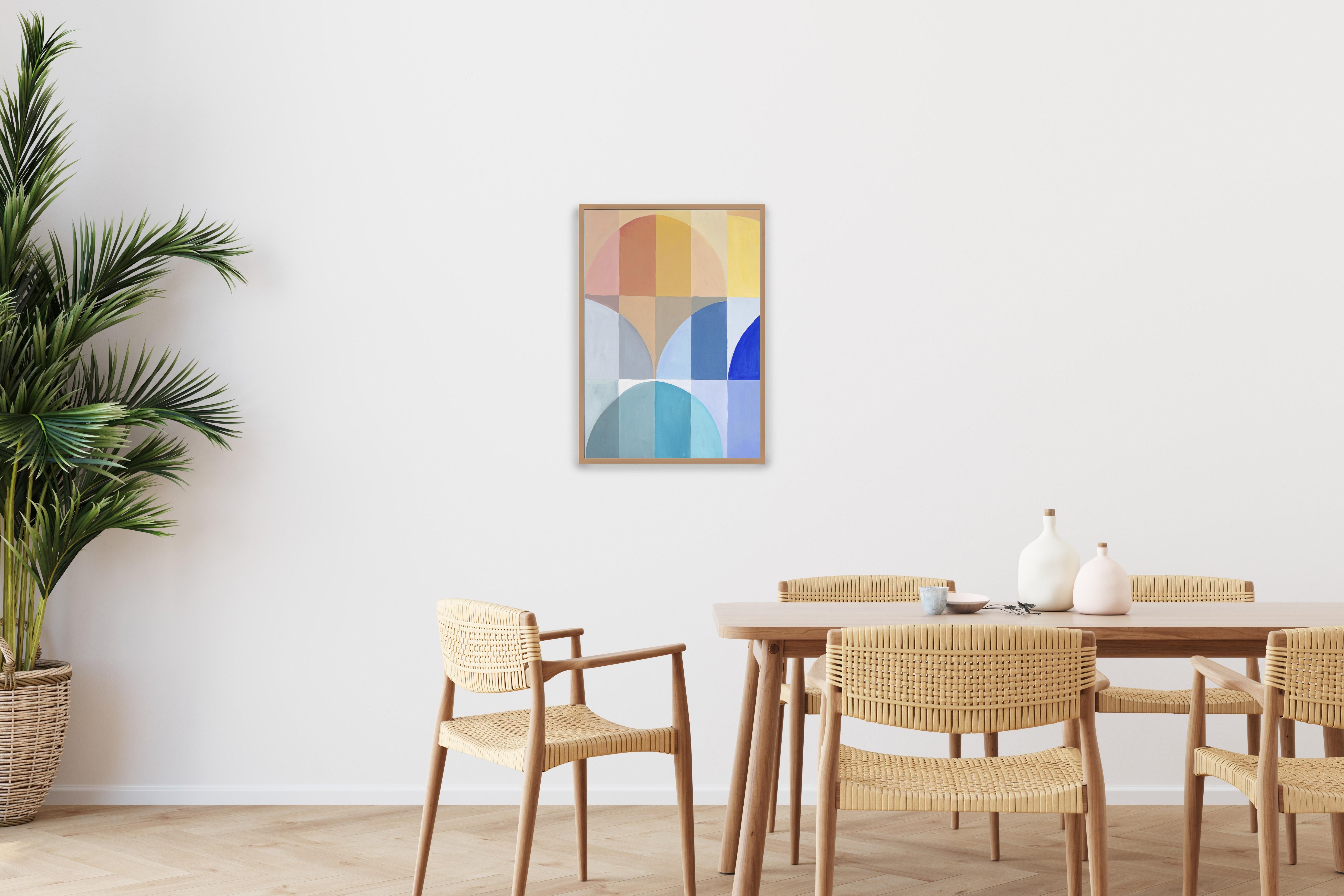 Oasis in The Desert, Abstrakte geometrische Landschaft in Grün, Blau, Erdtönen  (Geometrische Abstraktion), Painting, von Natalia Roman