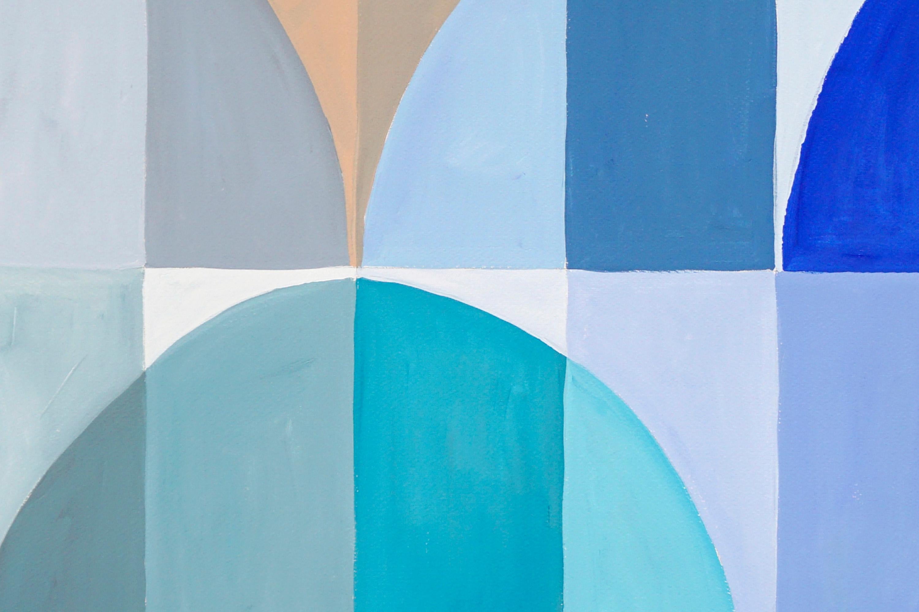 Oasis in The Desert, Abstrakte geometrische Landschaft in Grün, Blau, Erdtönen  (Grau), Abstract Painting, von Natalia Roman