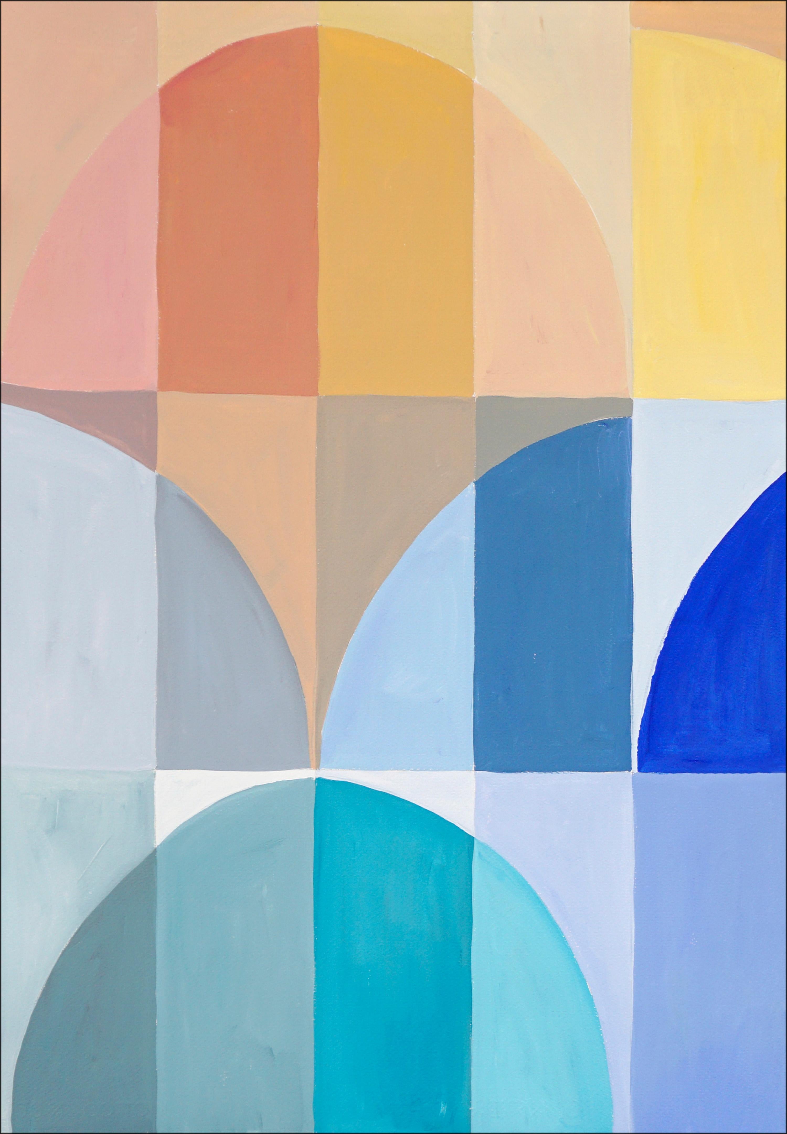 Abstract Painting Natalia Roman - Oasis in The Desert, paysage géométrique abstrait en vert, bleu et tons terreux 