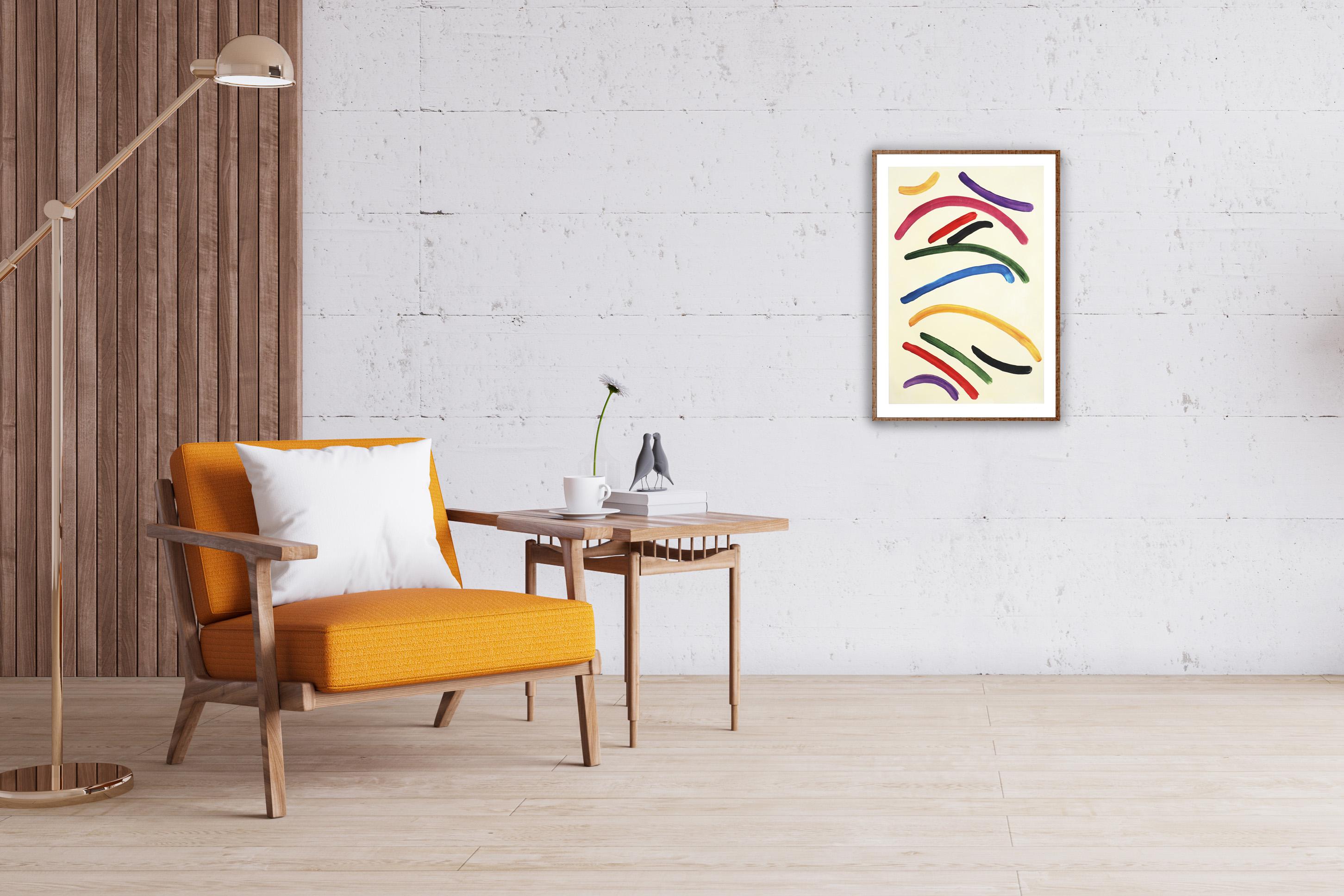 Olympic Palette on Cream, Vertical Painting, Simple Colorful Gestures on Beige For Sale 2