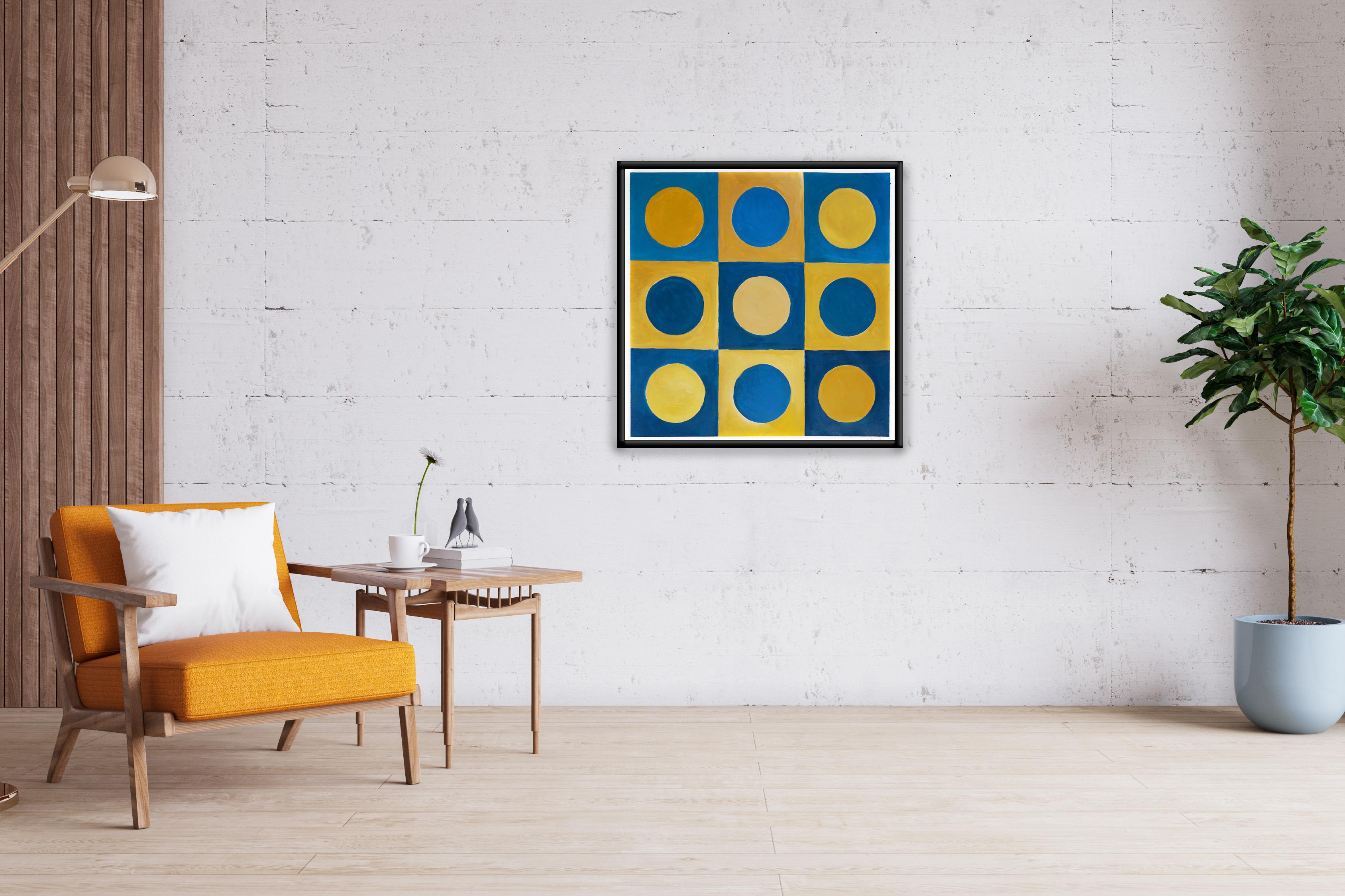 Dot Dot blu chiaro, griglia geometrica primaria, giallo e blu, toni complementari - Painting di Natalia Roman
