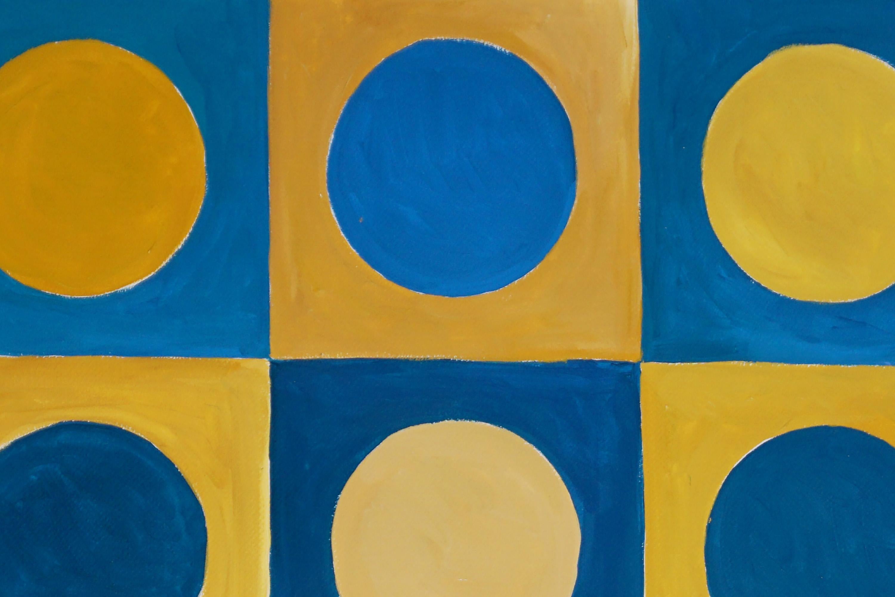 Pale Blue Dots, Primary Geometry Grid, Yellow and Blue, Complementary Tones  - Orange Abstract Painting by Natalia Roman