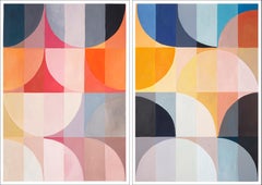 Pale Shapes, Blooming Tones, Large Bauhaus Diptych, Primary Hue Geometric Grid
