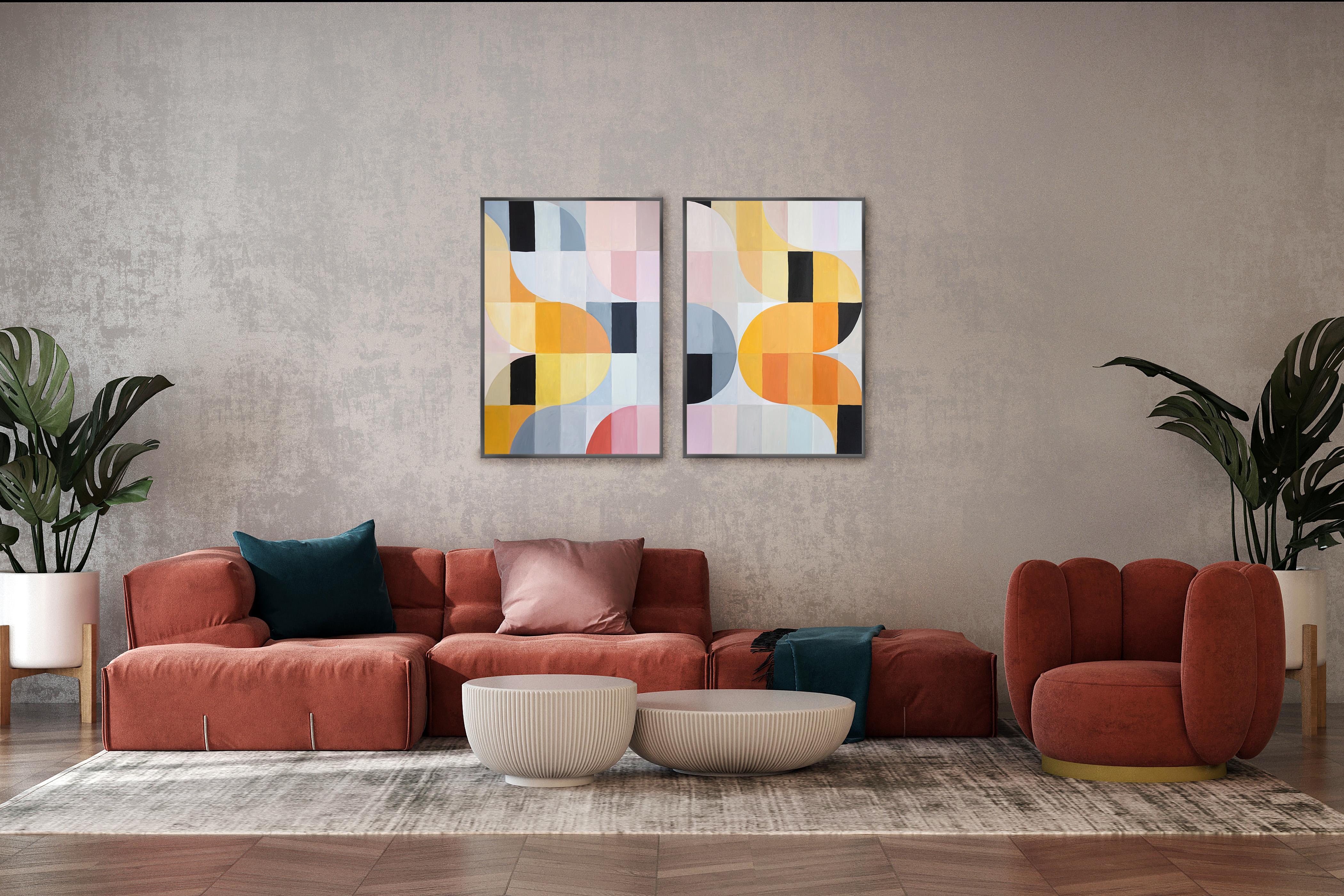 Parenthesis Grid Diptych, Geometric Bauhaus Tiles in Yellow & Gray, Soft Pink   - Painting by Natalia Roman