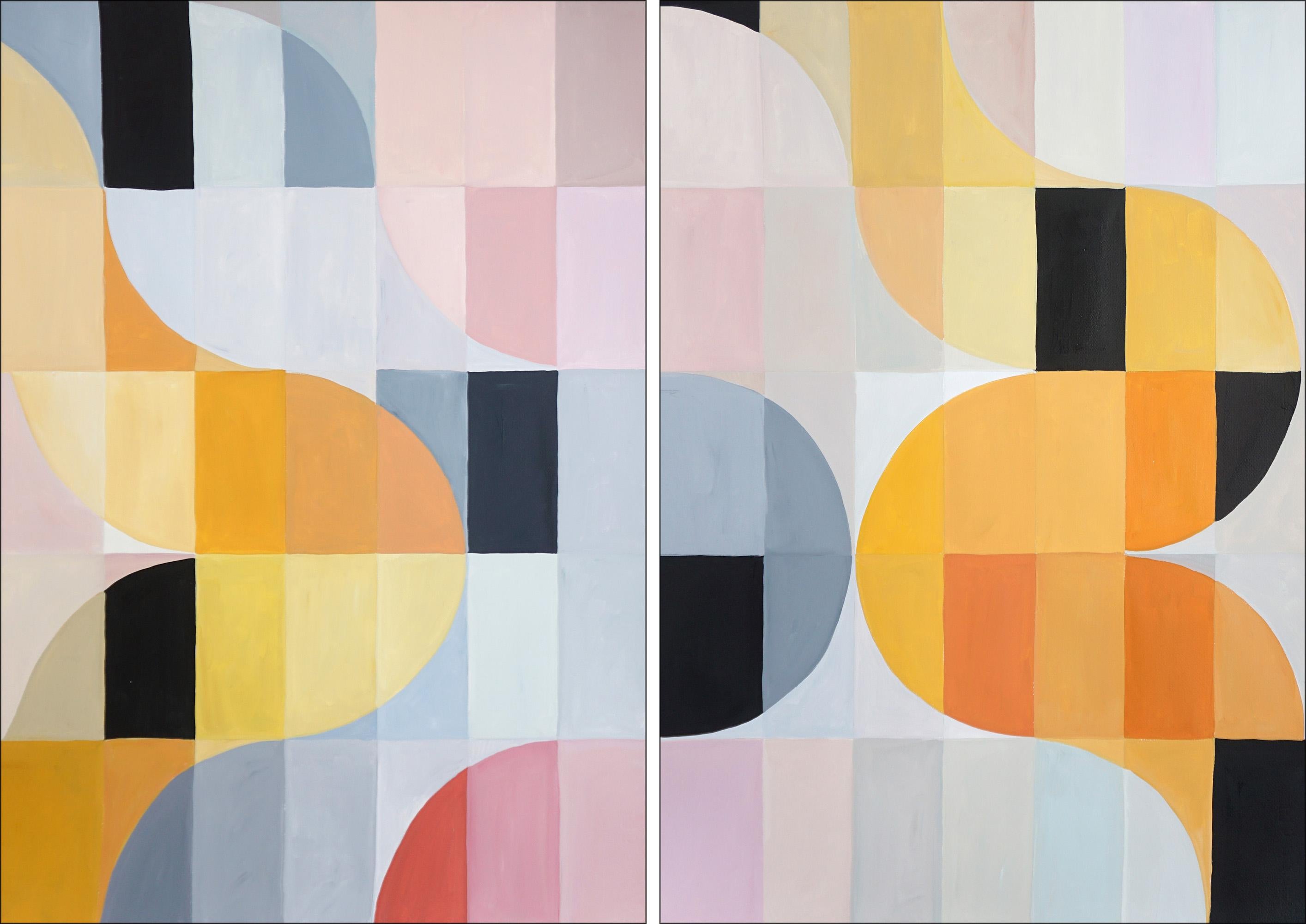 Natalia Roman Landscape Painting - Parenthesis Grid Diptych, Geometric Bauhaus Tiles in Yellow & Gray, Soft Pink  