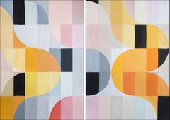 Retro Parenthesis Grid Diptych, Geometric Bauhaus Tiles in Yellow & Gray, Soft Pink  