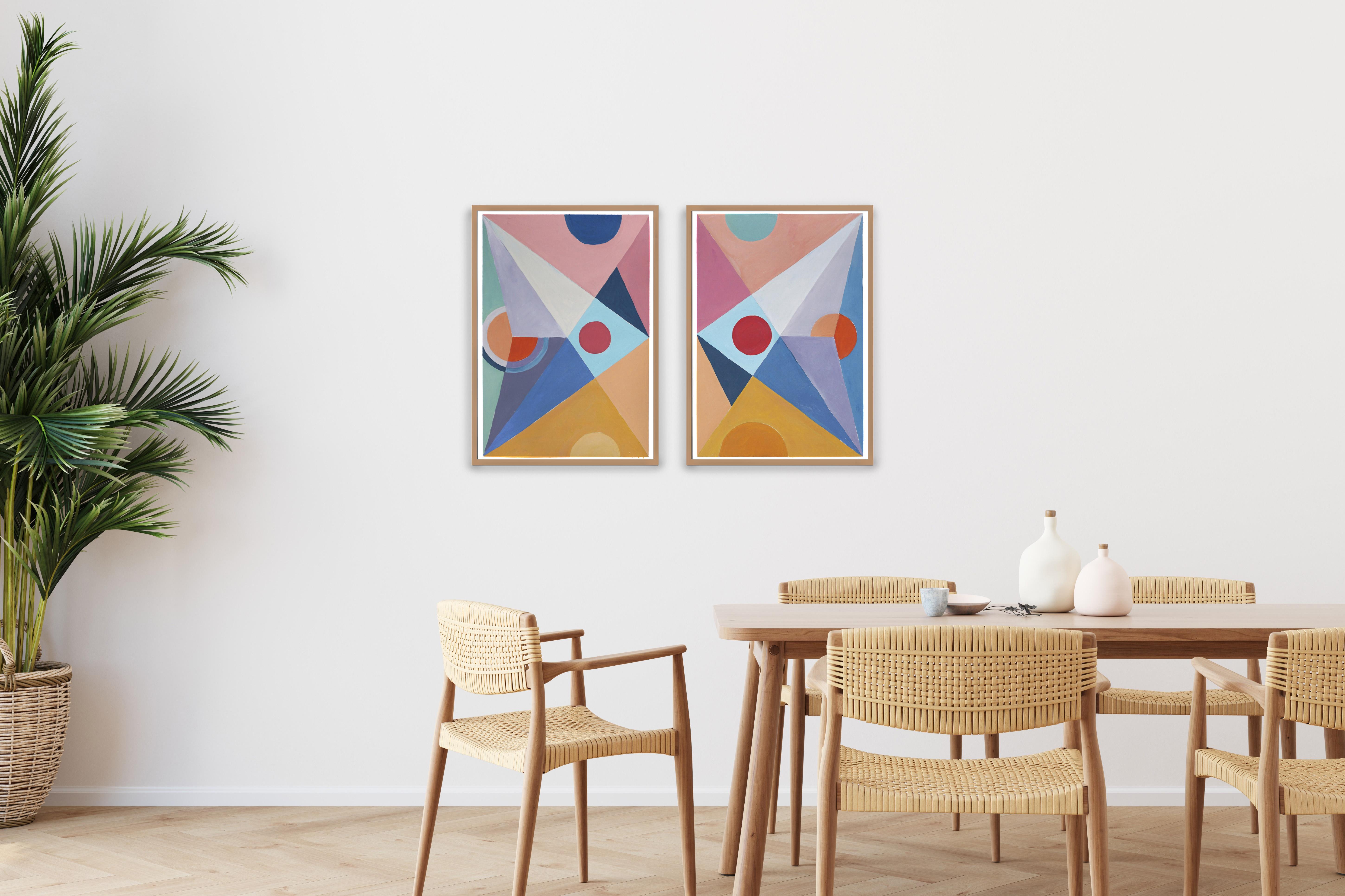 Parted Future Mirage, Geometric Shapes, Suprematist Diptych, Yellow, Gray & Pink - Constructivist Painting by Natalia Roman