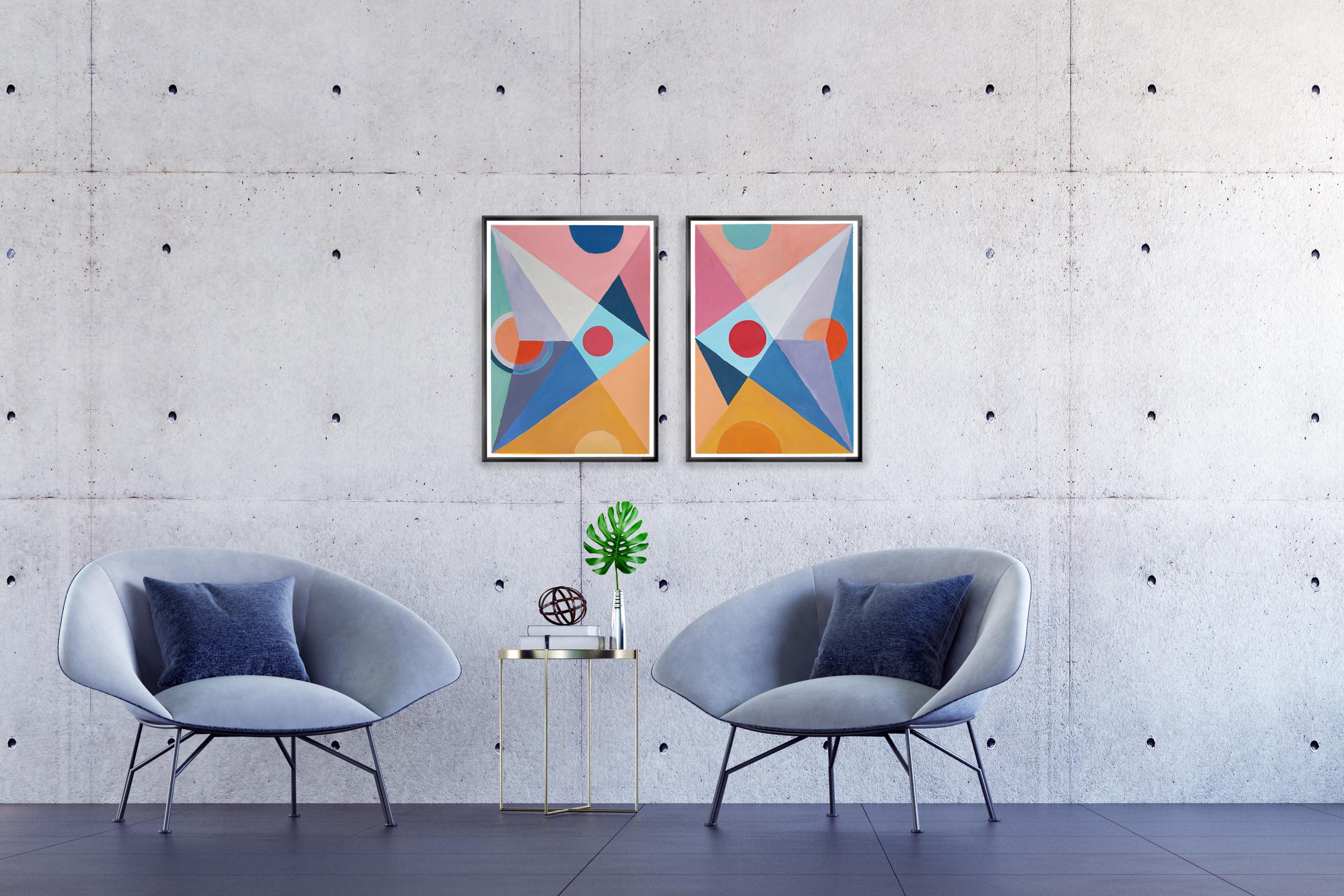 Parted Future Mirage, Geometric Shapes, Suprematist Diptych, Yellow, Gray & Pink - Beige Abstract Painting by Natalia Roman