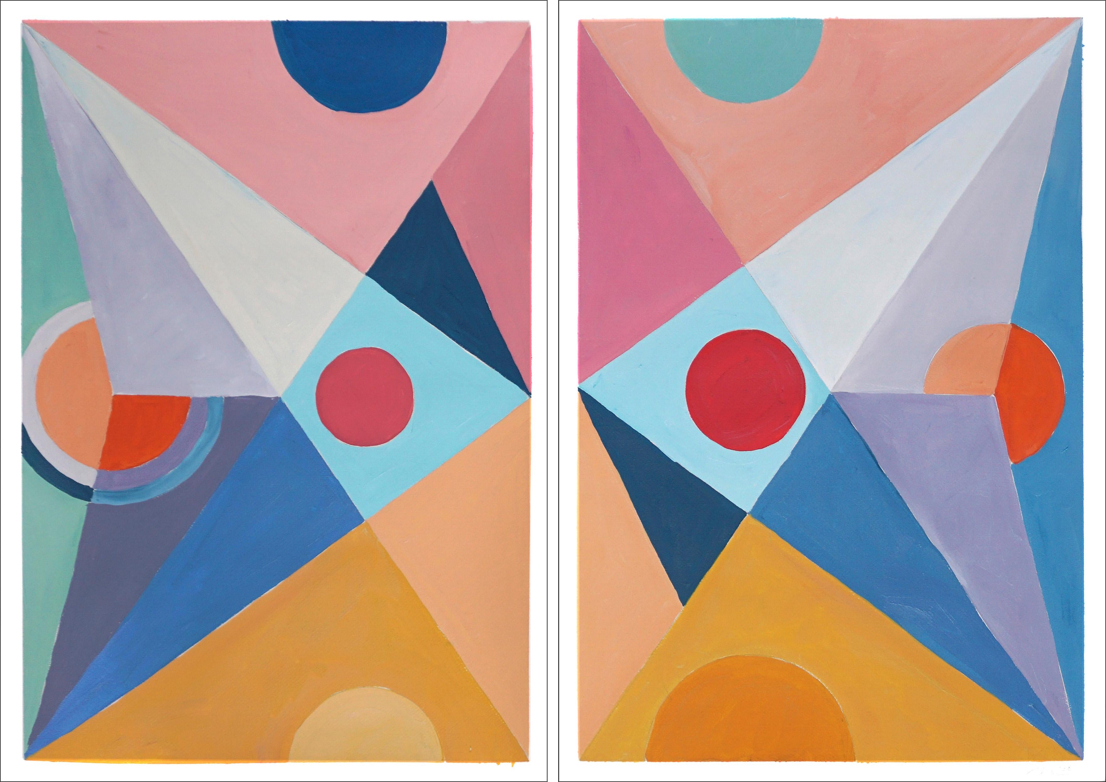 Abstract Painting Natalia Roman - Parted Future Mirage, formes géométriques, diptyque suprématiste, jaune, gris et rose