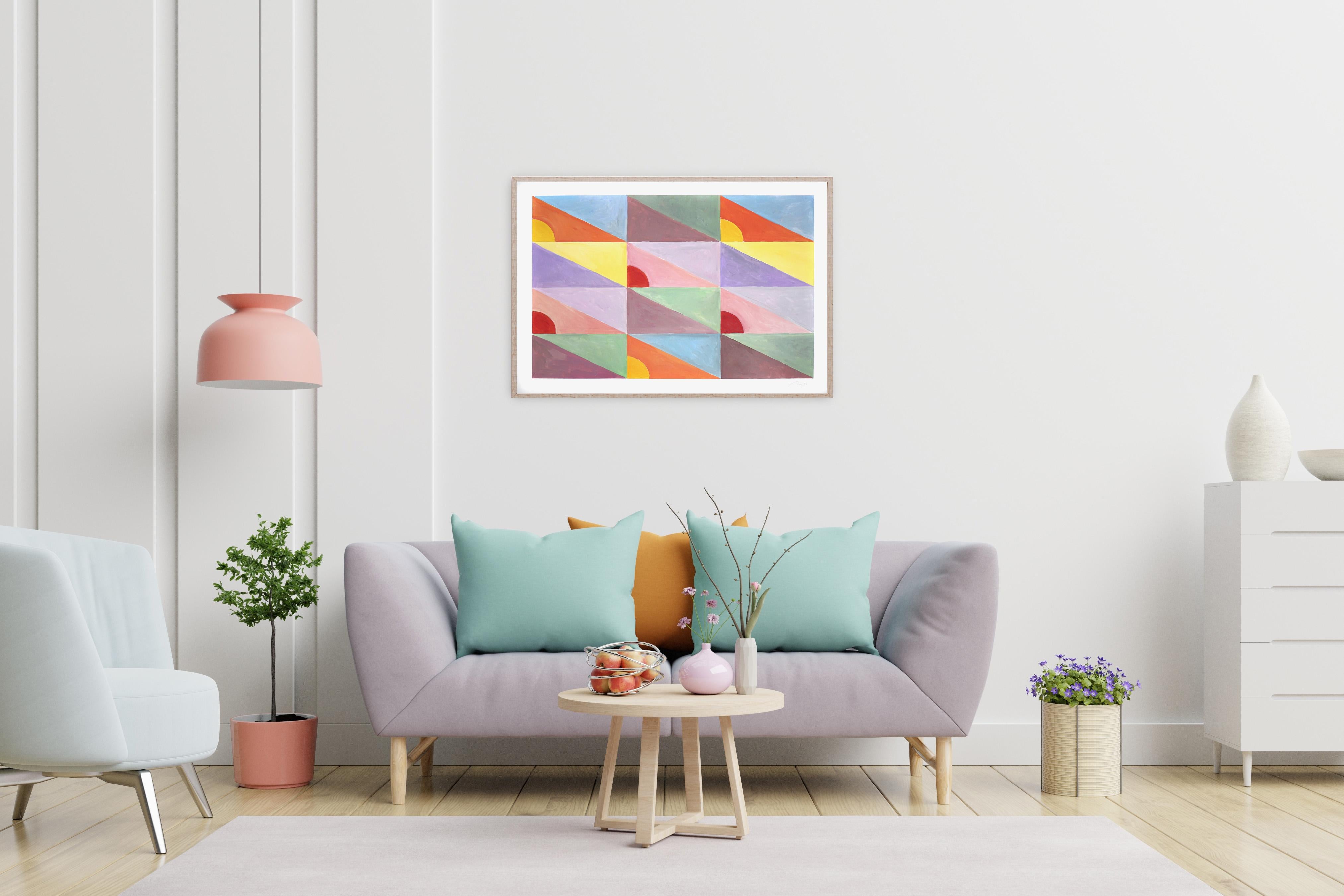 Tapis carrelé diagonal pastel, formes abstraites de soleil, triangles roses, jaunes et rouges - Gris Landscape Painting par Natalia Roman