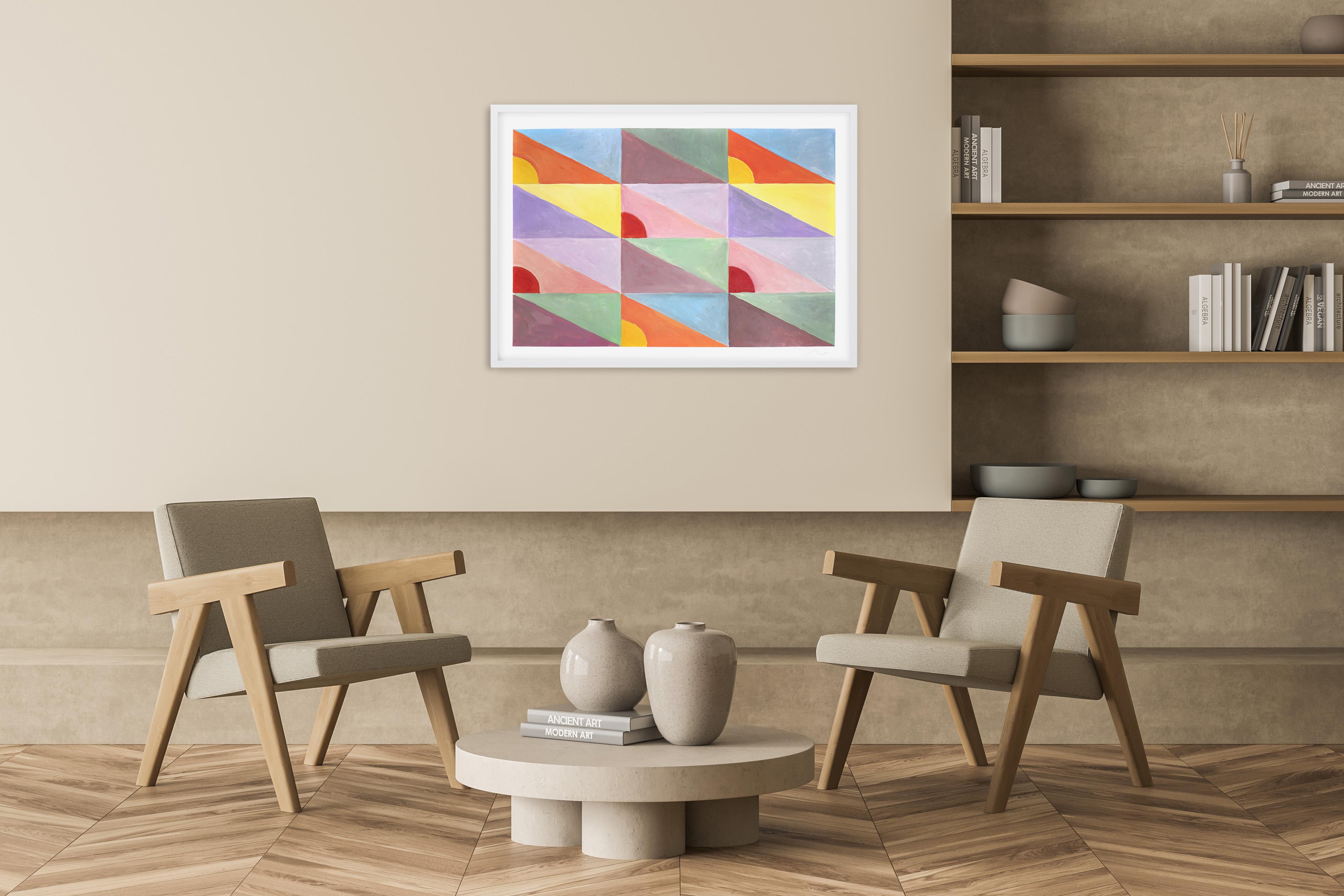 Pastellfarbener, diagonaler Boden mit Kacheln, abstrakte Sonnenformen, rosa, gelbe und rote Dreiecke im Angebot 1
