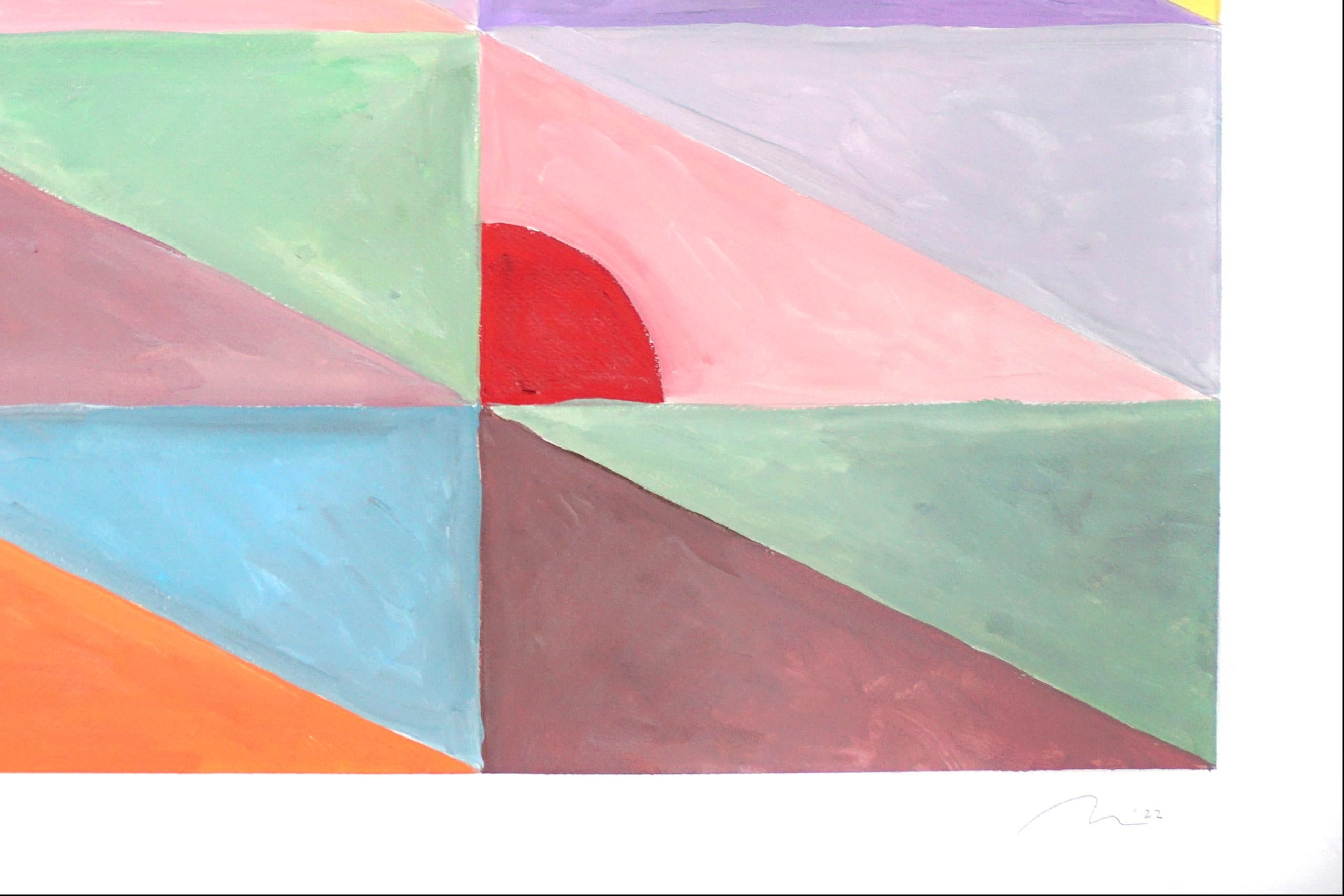 Tapis carrelé diagonal pastel, formes abstraites de soleil, triangles roses, jaunes et rouges en vente 3