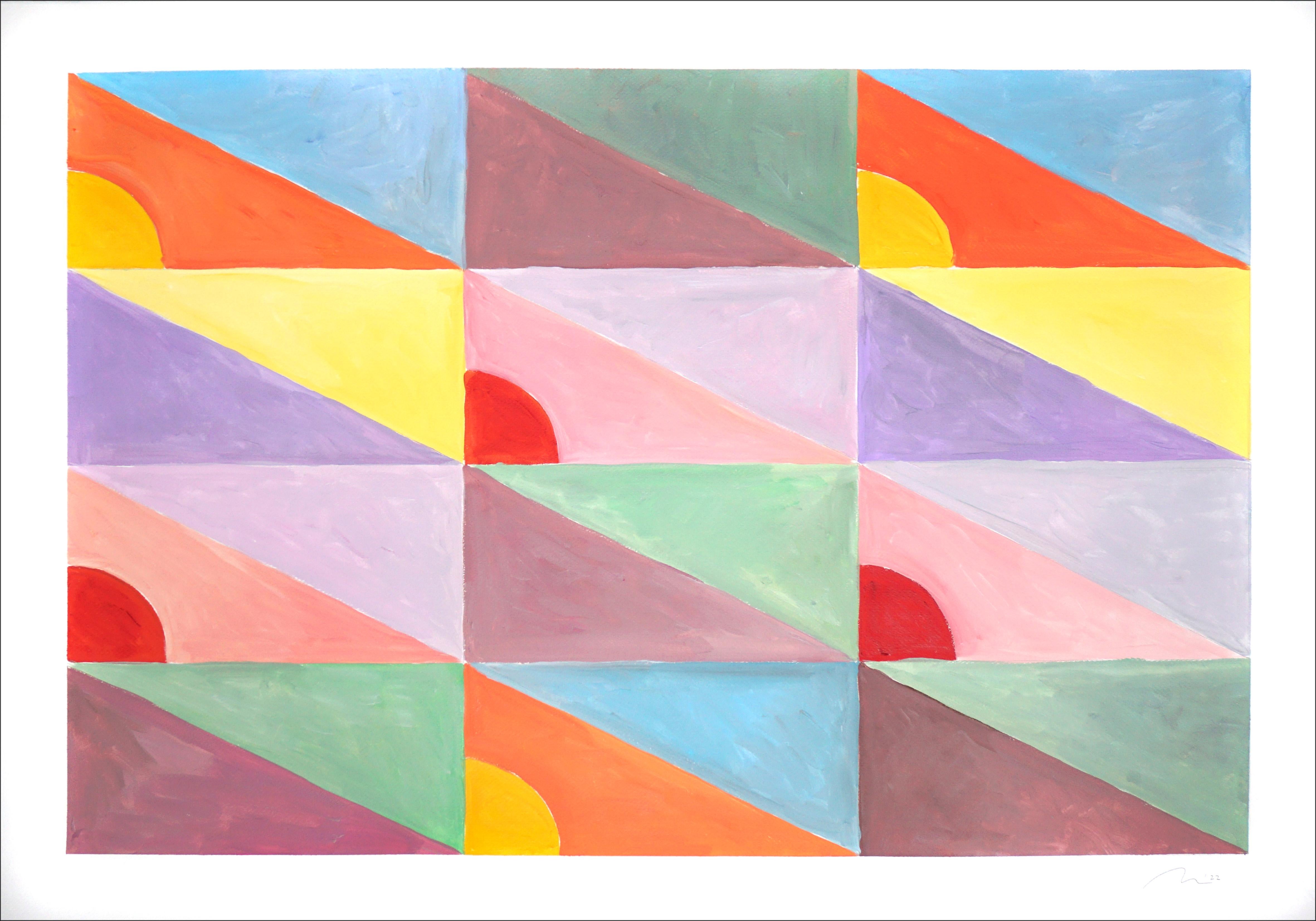Pastel Diagonal Tiled Floor, Abstract Sun Shapes, Pink, Yellow and Red Triangles