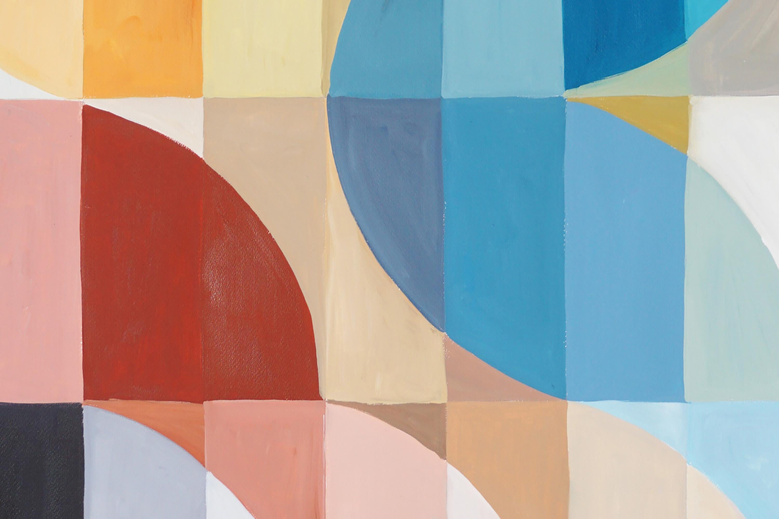 Pastel Earthy Dunes, Bauhaus Geometric Triptych Grid, Abstract Landscape, Purple 7