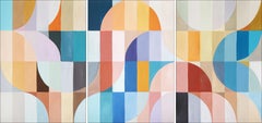 Pastel Earthy Dunes, Bauhaus Geometric Triptych Grid, Abstract Landscape, Purple