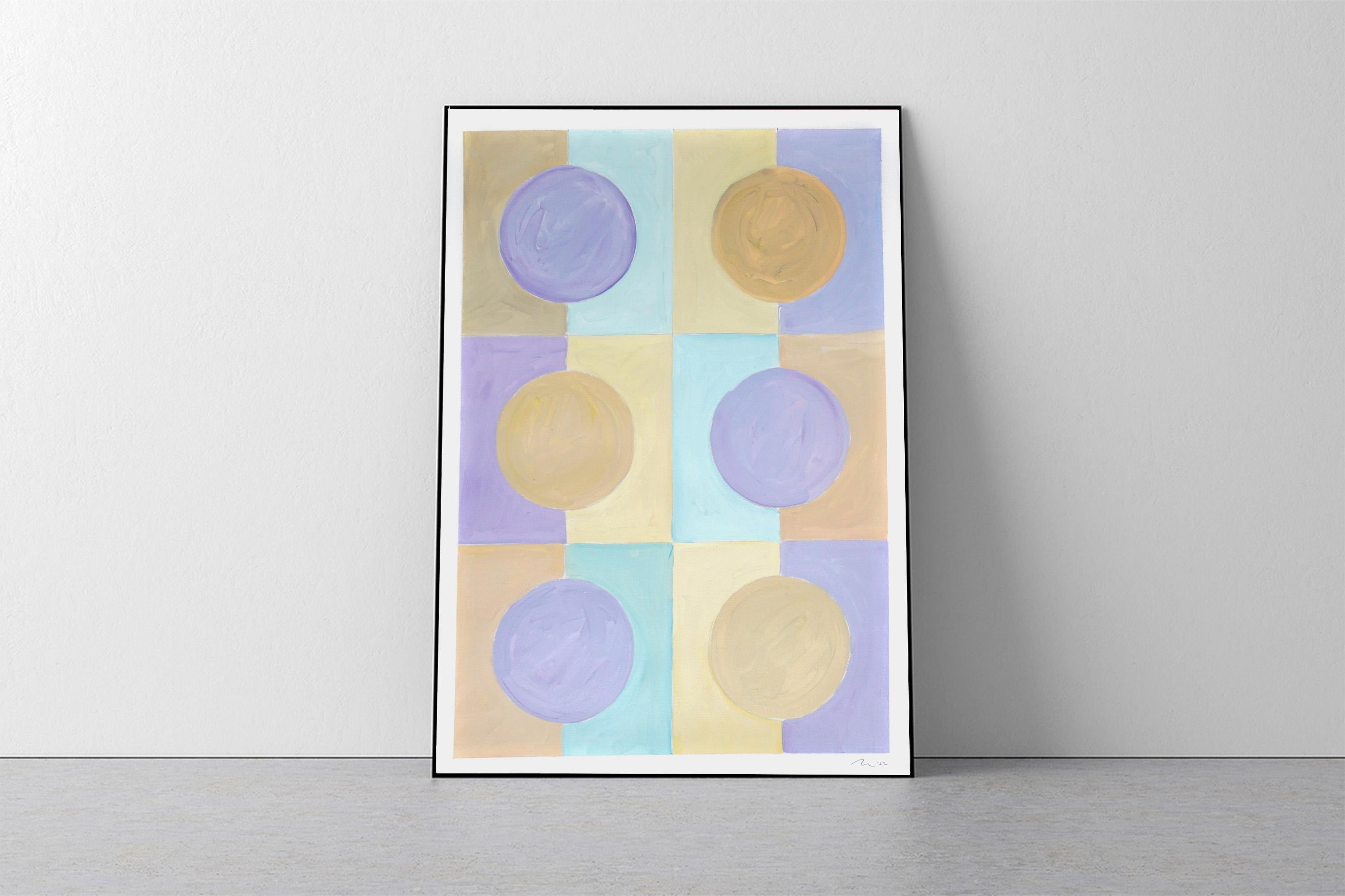 Pastel Glossy Tiles, Cold Tones Abstract Geometric Painting, Bauhaus Gold, Blue 1