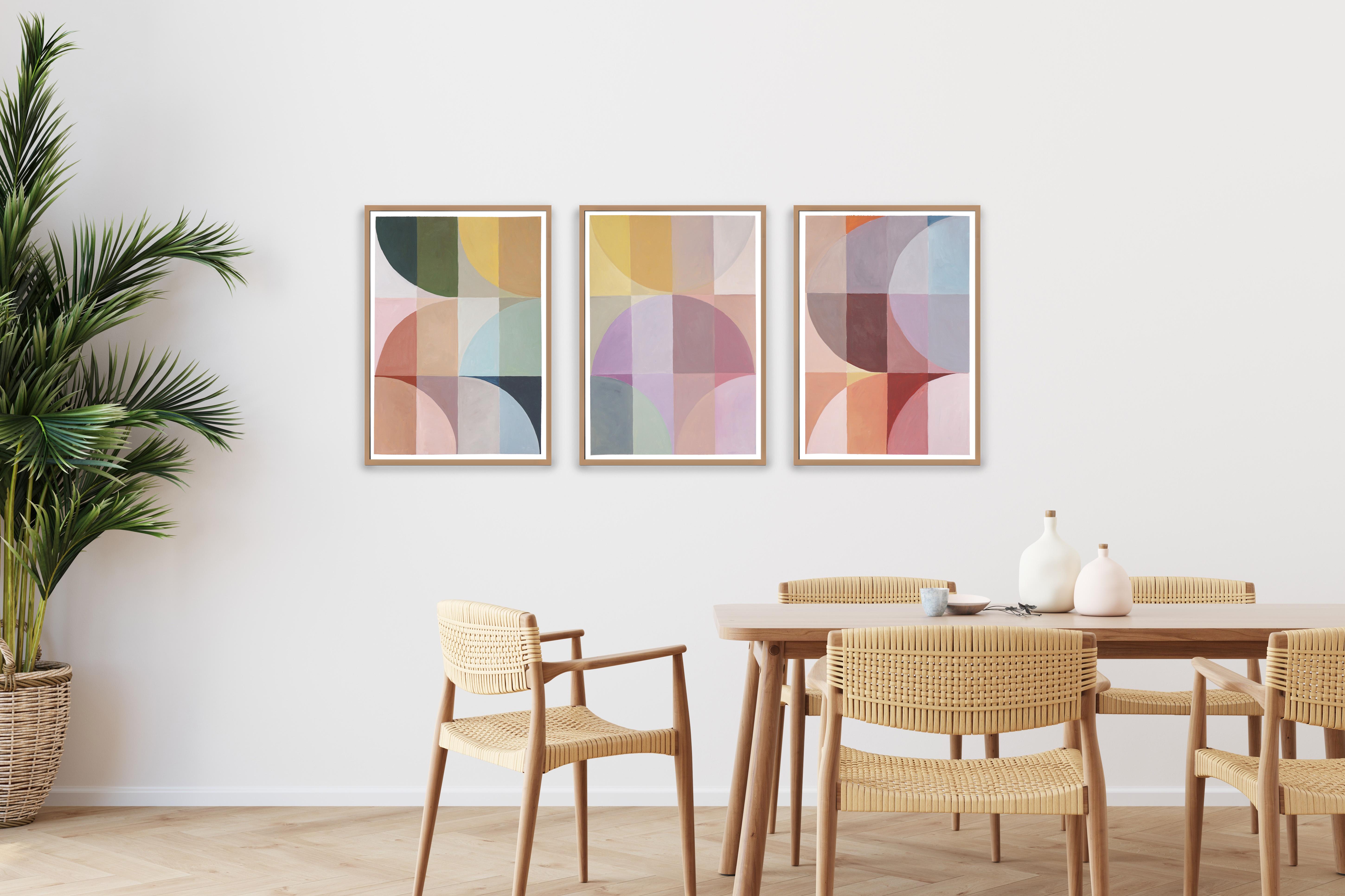 Pastel Hue Transitions, Nude Tones Abstract Fabric Triptych, Pink Skin Turquoise - Painting by Natalia Roman