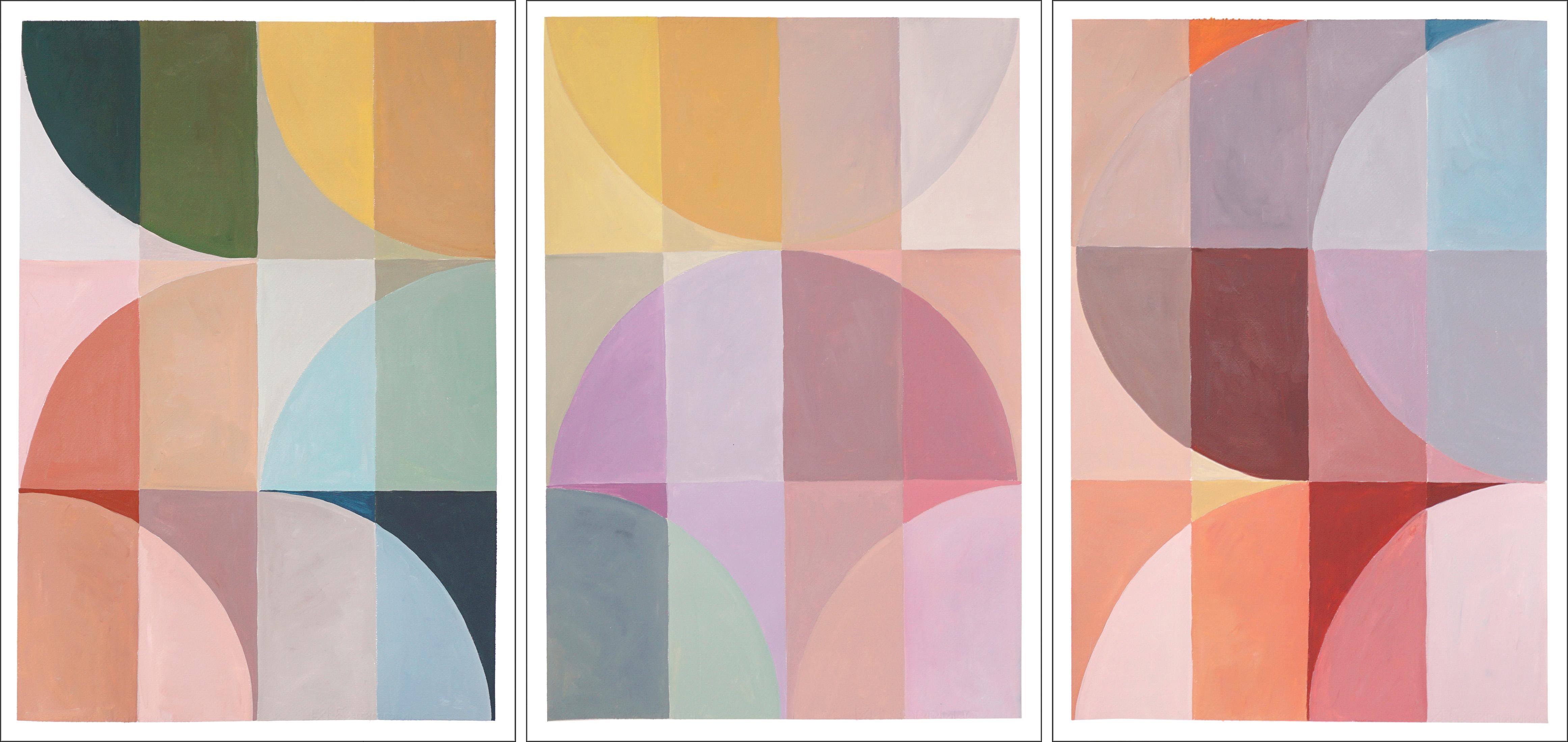 Natalia Roman Abstract Painting - Pastel Hue Transitions, Nude Tones Abstract Fabric Triptych, Pink Skin Turquoise