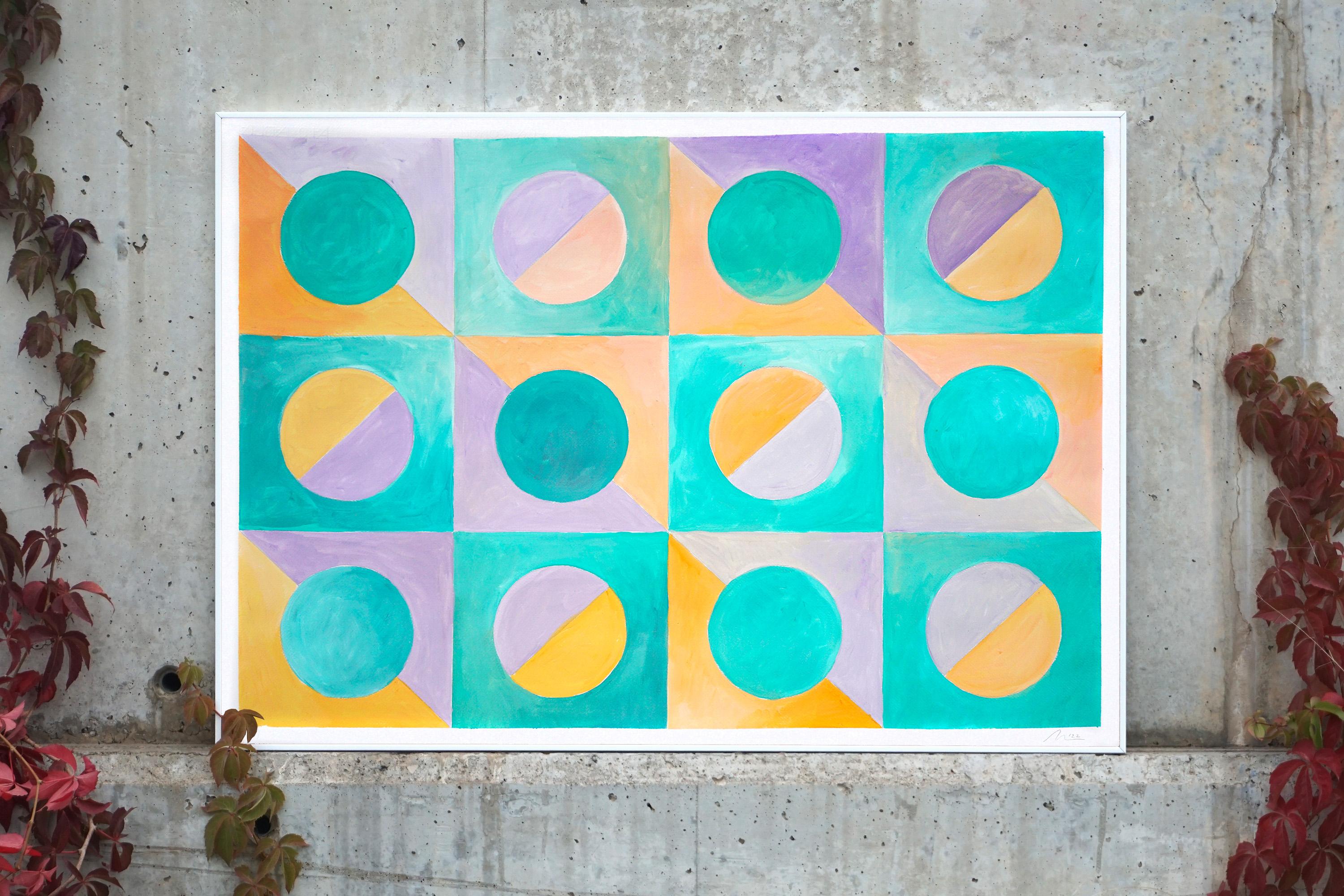 Pastel Tile Field, Turquoise & Yellow Patterns, Mauve Accents Geometry on Paper - Painting by Natalia Roman