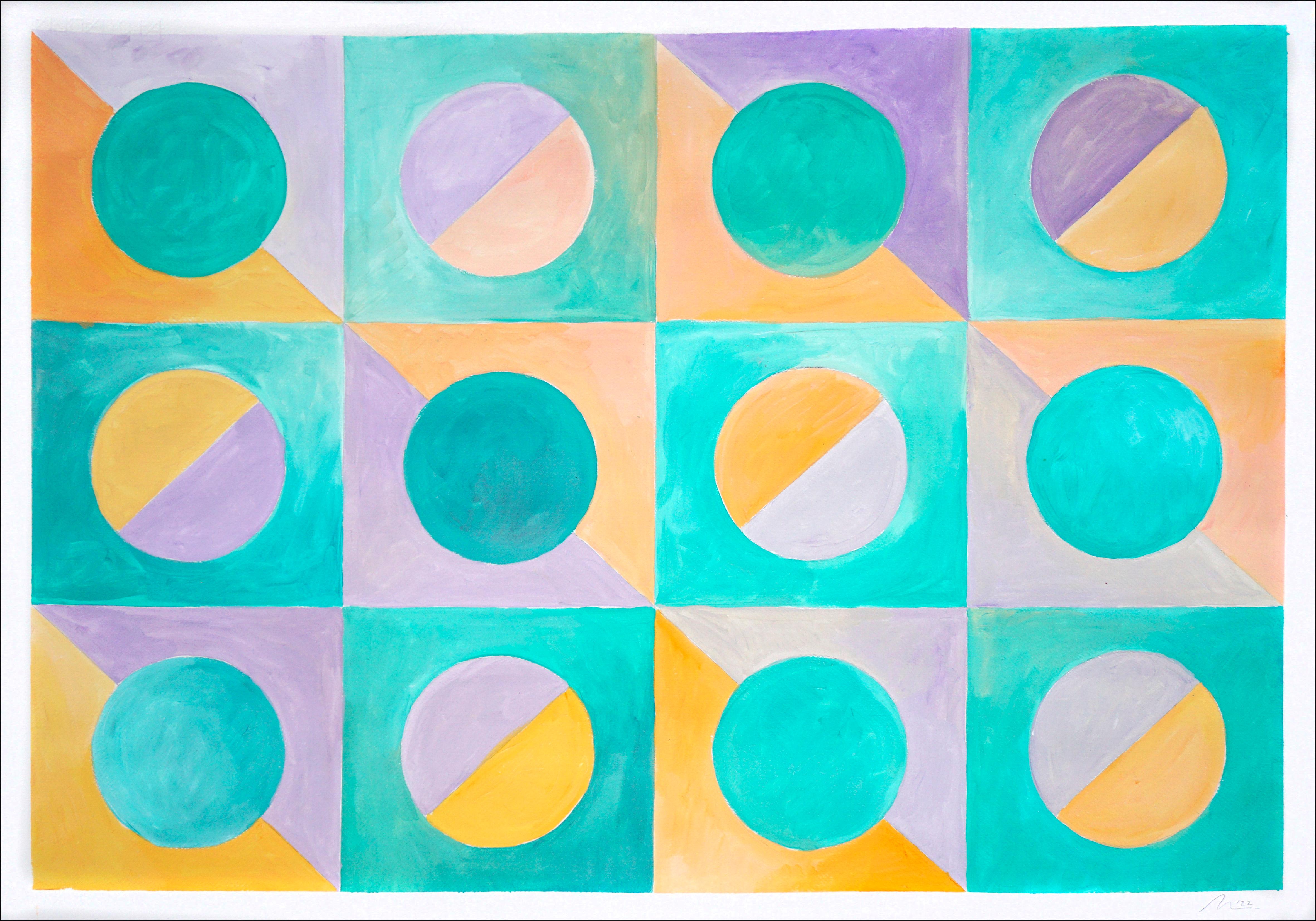 Natalia Roman Landscape Painting - Pastel Tile Field, Turquoise & Yellow Patterns, Mauve Accents Geometry on Paper